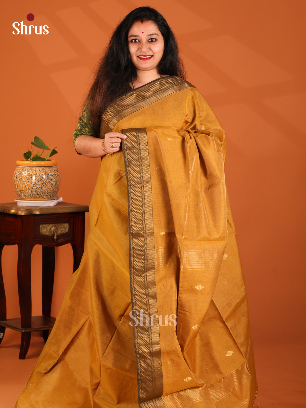 Dark Mustard with Brown- Maheshwari silkcotton Saree1 - Shop on Shrus.com