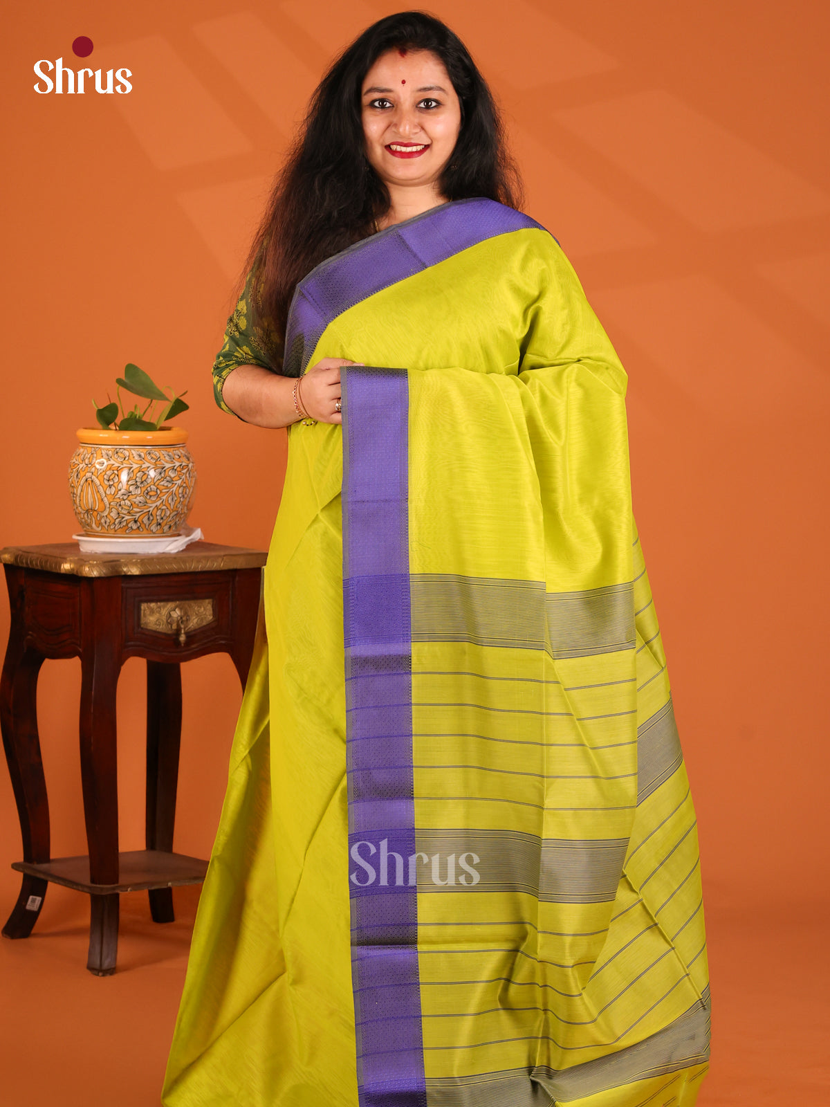 Lime Green with Blue- Maheshwari silkcotton Saree - Shop on Shrus.com