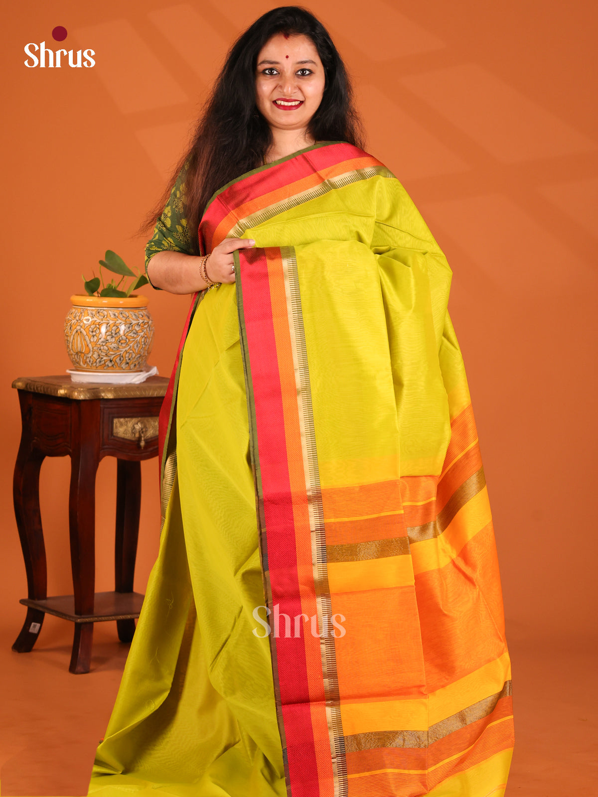 Lime Green with Mustard- Maheshwari silkcotton Saree - Shop on Shrus.com