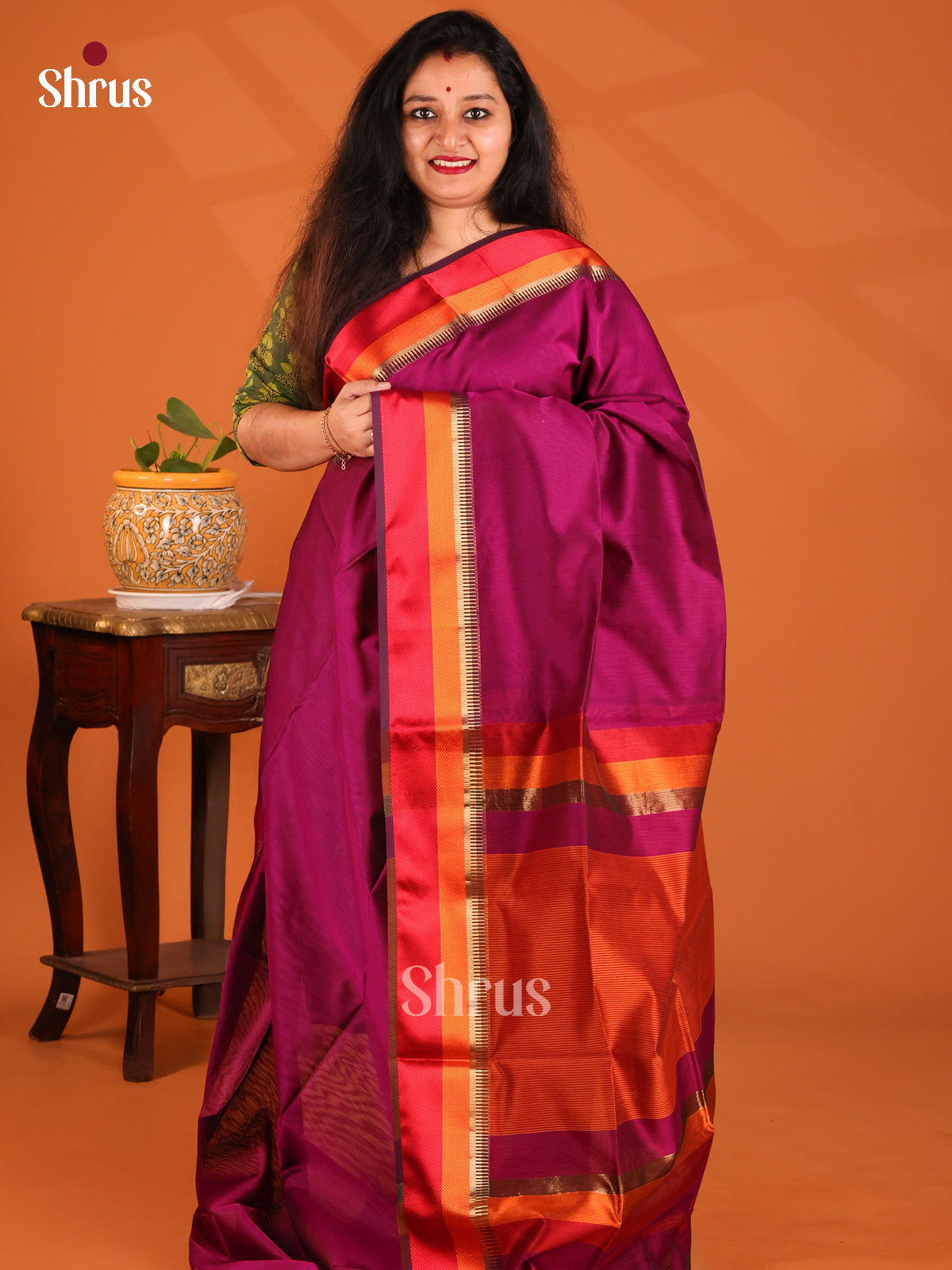 Purple with Red - Maheshwari silkcotton Saree - Shop on Shrus.com