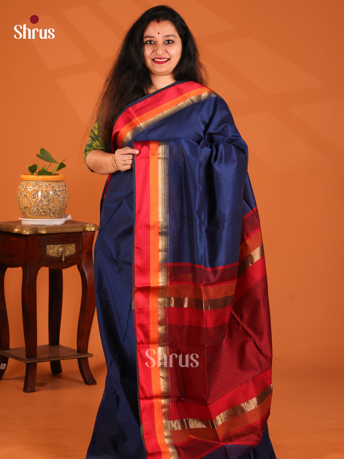 Blue with Red - Maheshwari silkcotton Saree - Shop on Shrus.com