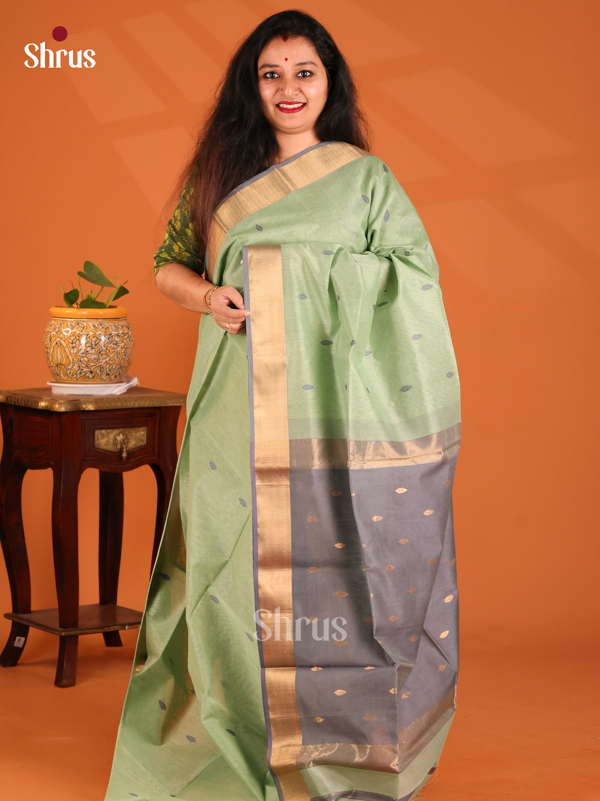 Pista Green & Grey - Maheshwari silkcotton Saree - Shop on Shrus.com