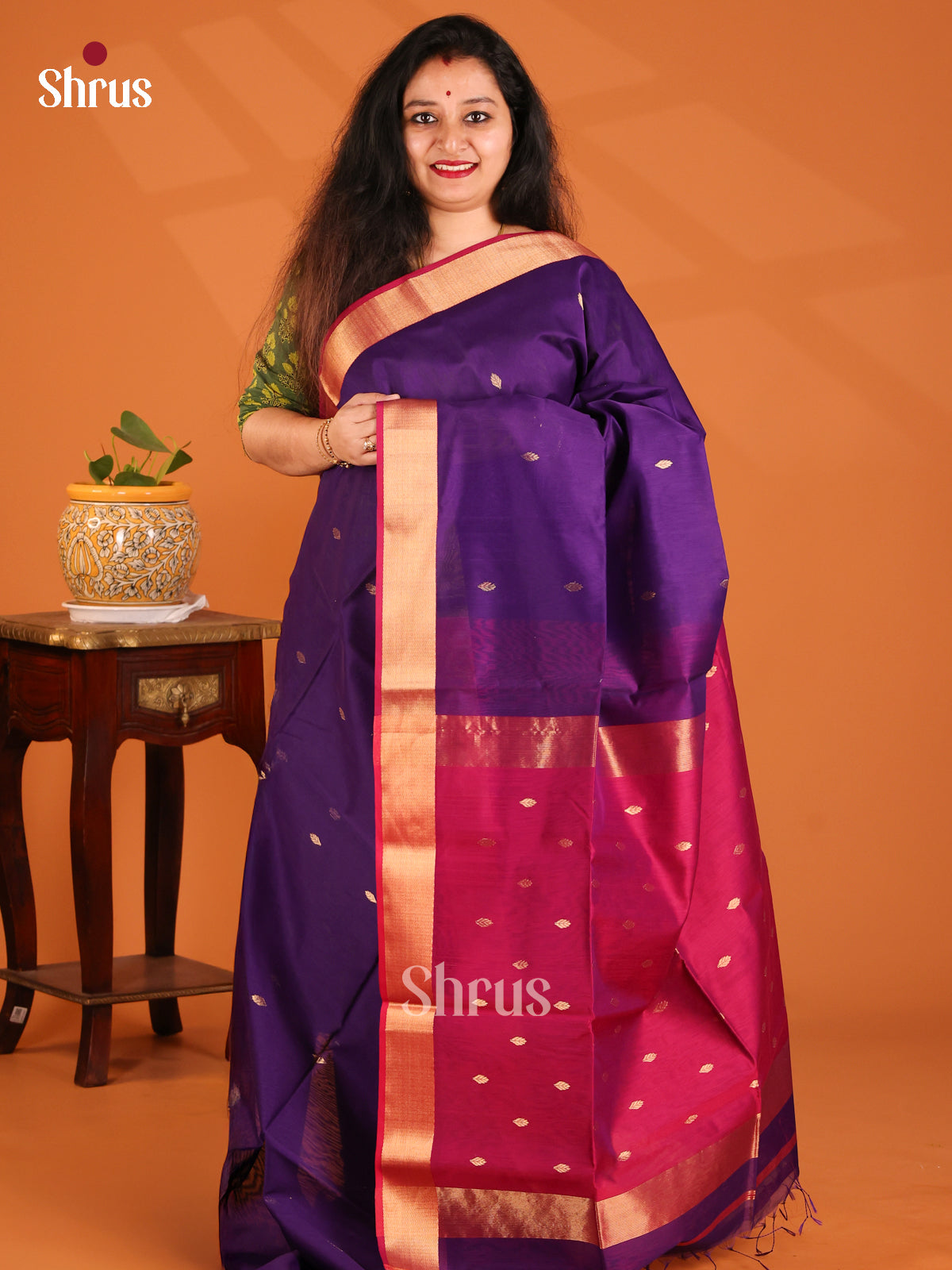Violet with Maroon - Maheshwari silkcotton Saree - Shop on Shrus.com