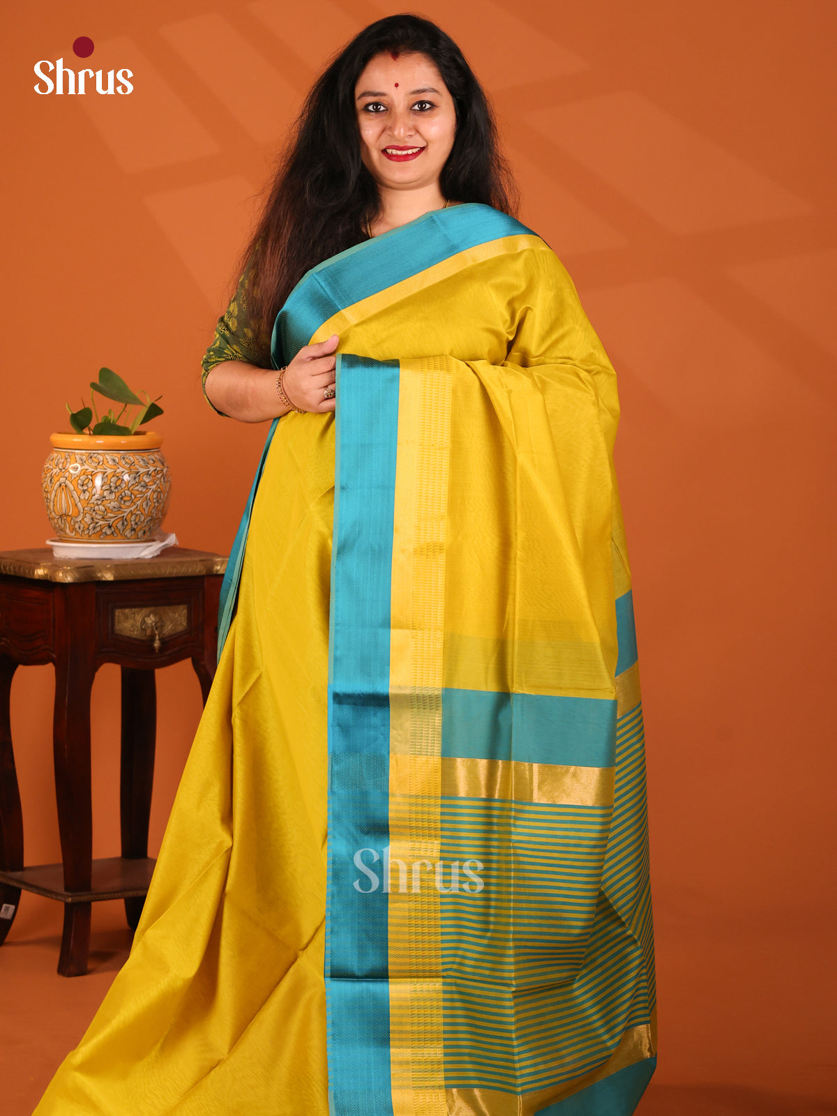 Mustard with Blue- Maheshwari silkcotton Saree - Shop on Shrus.com