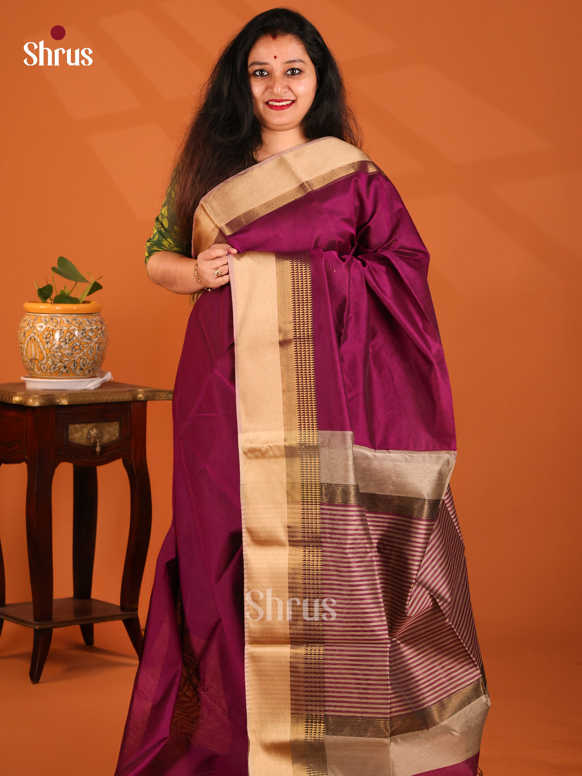 Purple with Grey - Maheshwari silkcotton Saree - Shop on Shrus.com