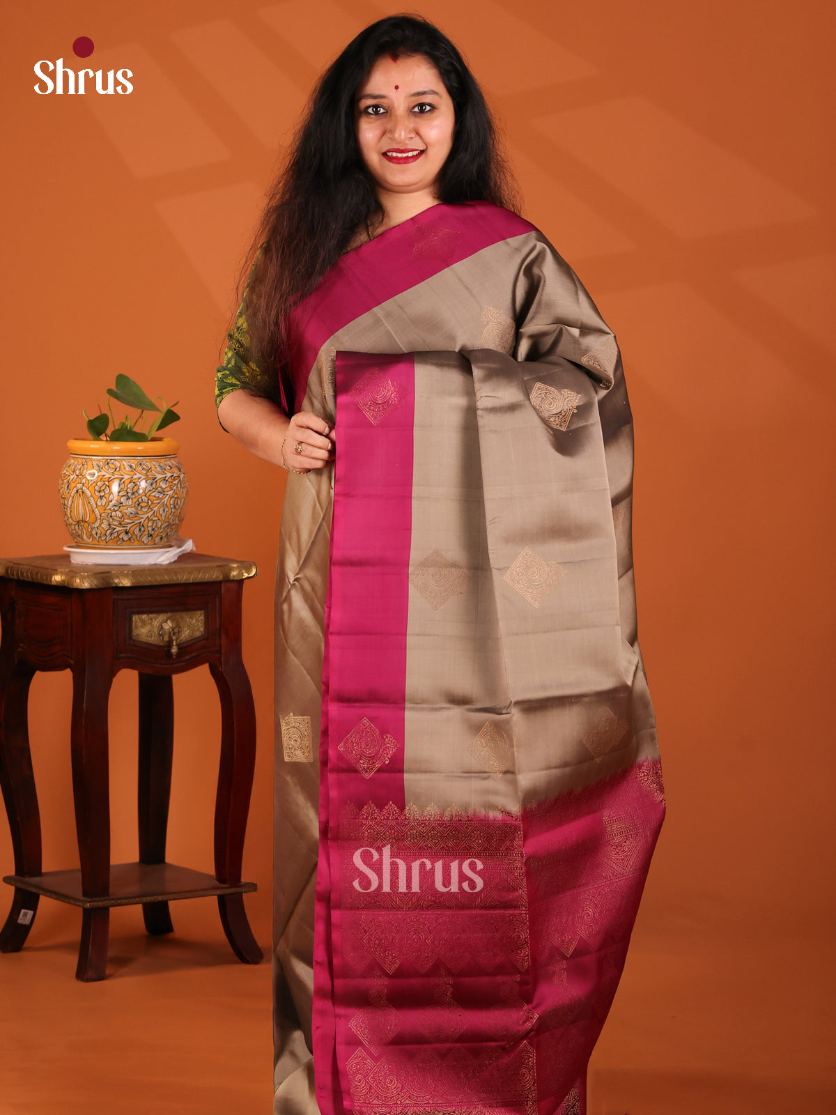 Graceful Grey Softsilk-halfpure Saree with gold zari motifs ,contrast maroon border - Shop on Shrus.com