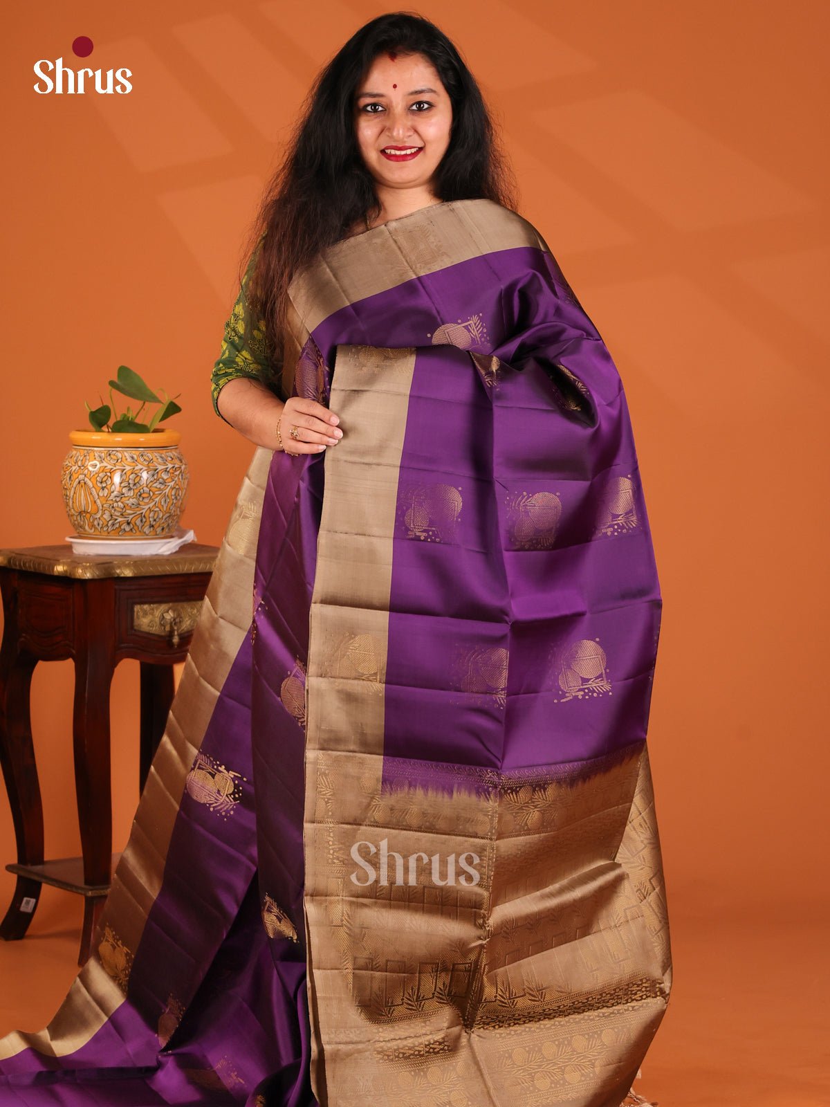 Pretty Violet Softsilk-halfpure Saree with gold zari motifs & gold brocade pallu - Shop on Shrus.com