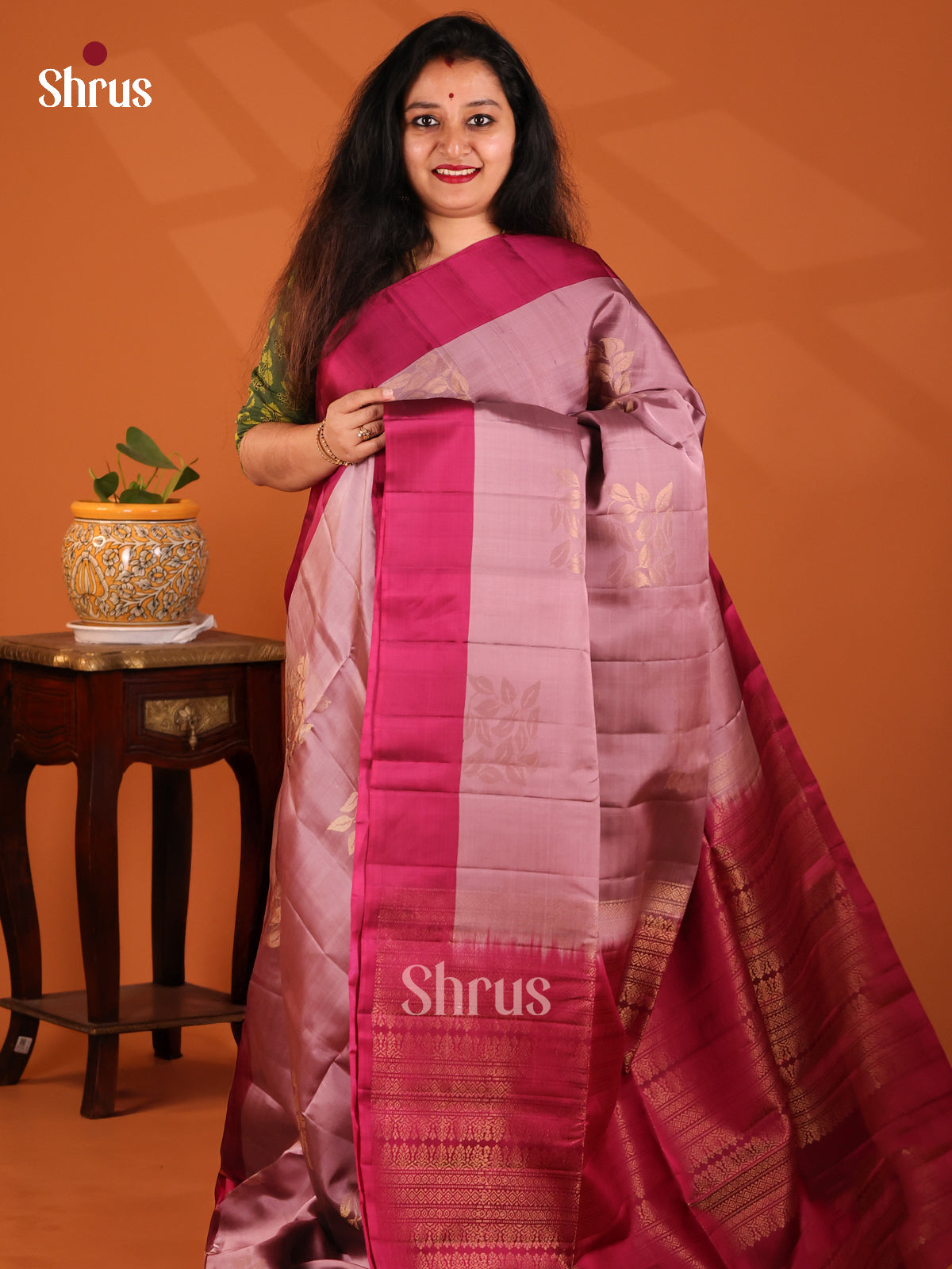 Elegant Lavender Softsilk-halfpure Saree with gold zari leaf motifs , maroon brocade pallu - Shop on Shrus.com