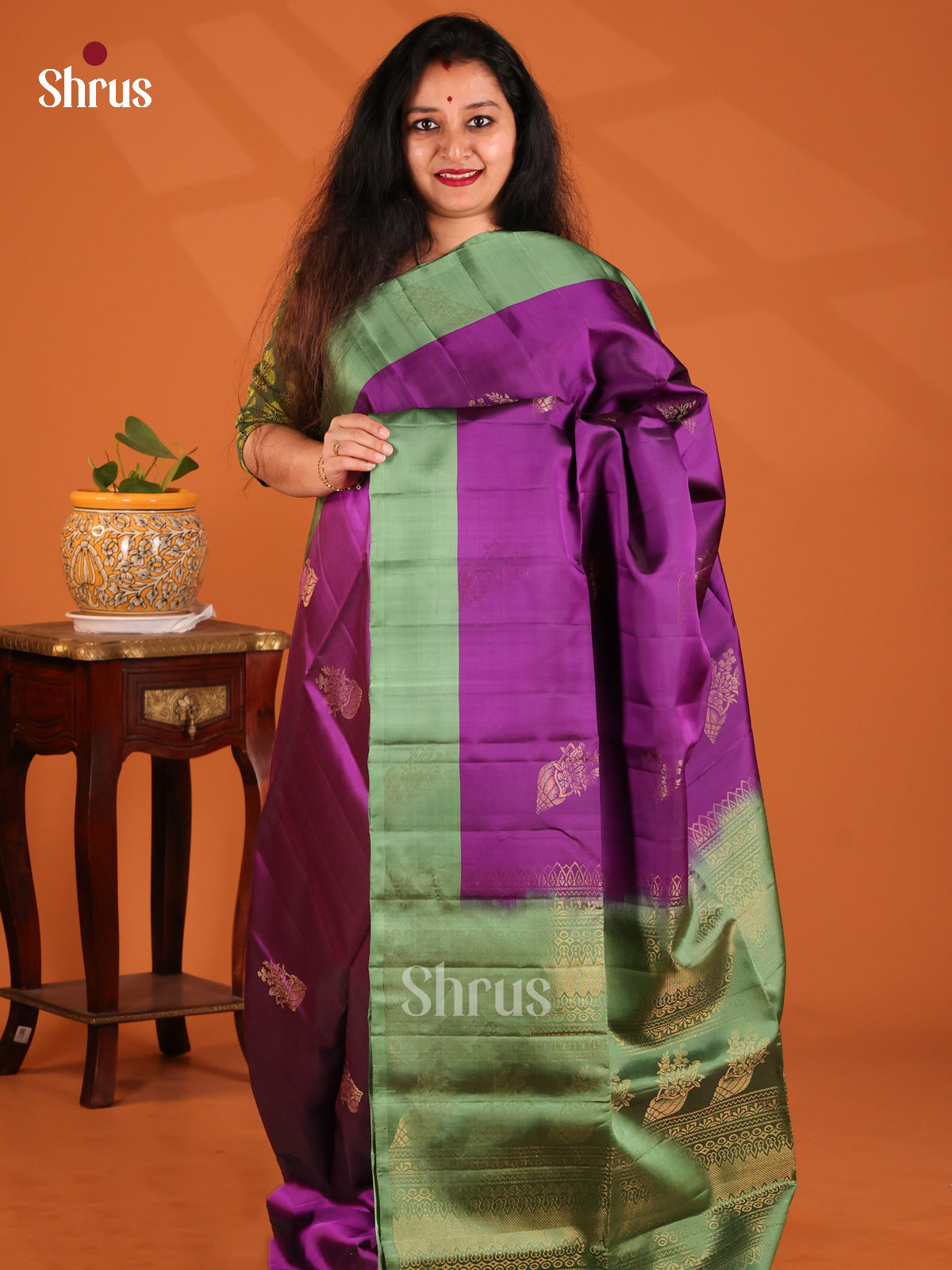Vibrant Purple Softsilk-halfpure Saree with zari woven motifs , green zari brocade pallu - Shop on Shrus.com