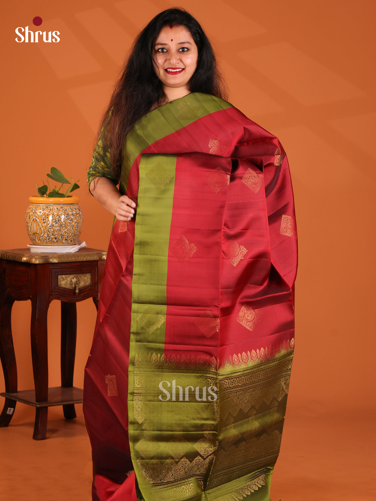 Gorgeous Red Softsilk-halfpure Saree with gold zari floral motifs , green brocade pallu - Shop on Shrus.com