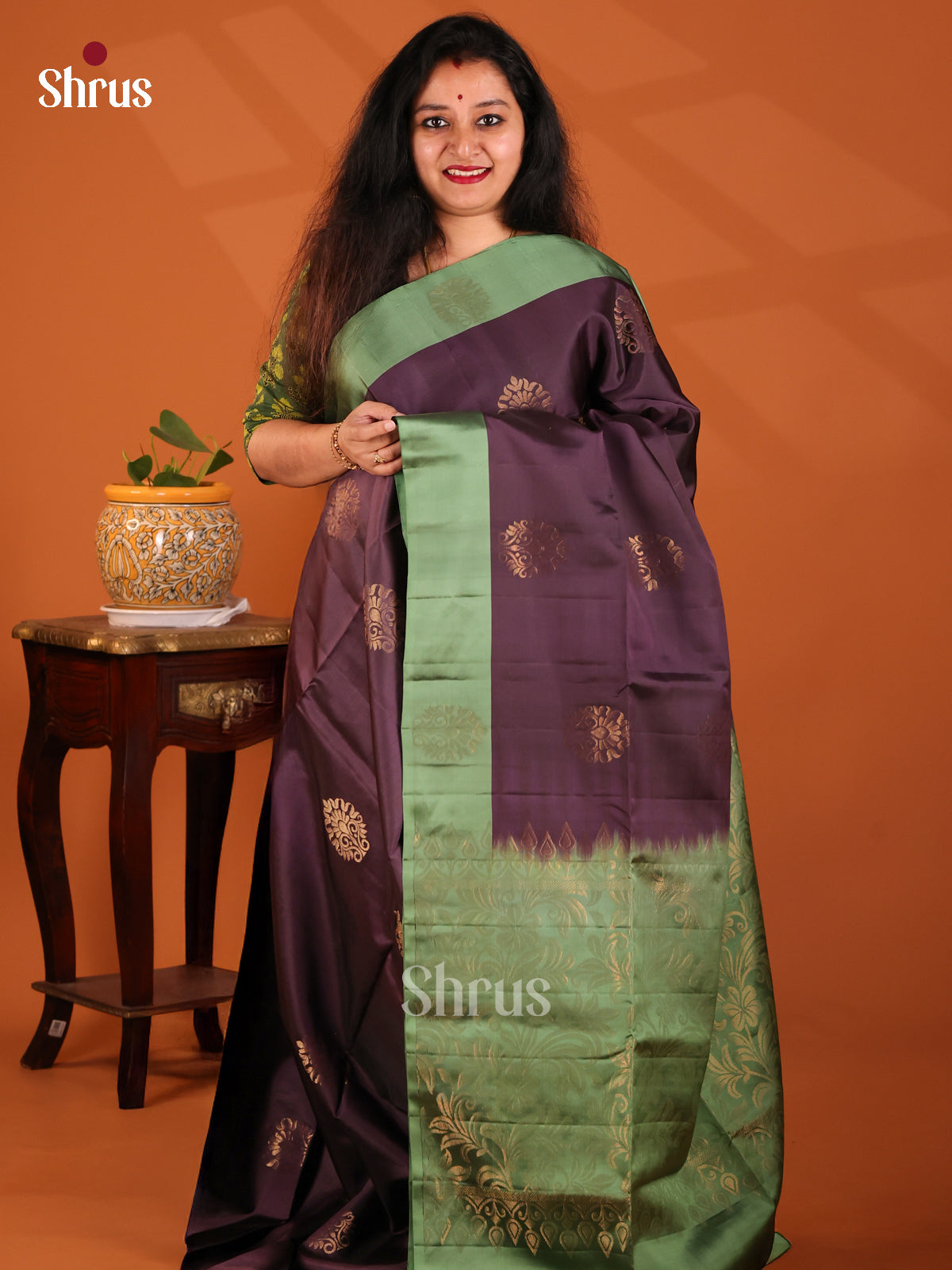 Violet Softsilk-halfpure Saree dazzle with gold zari floral motifs , green brocade pallu - Shop on Shrus.com