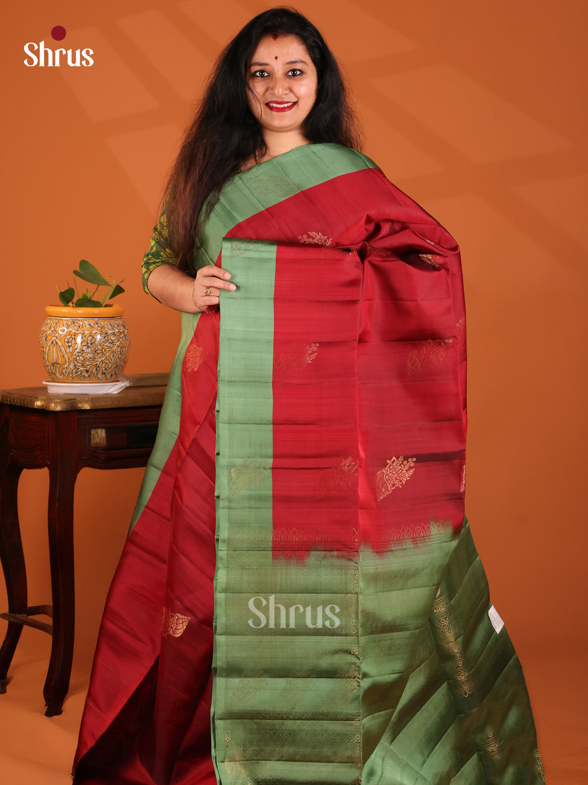 Radiant Red Softsilk-halfpure Saree with golden motifs , green brocade pallu - Shop on Shrus.com