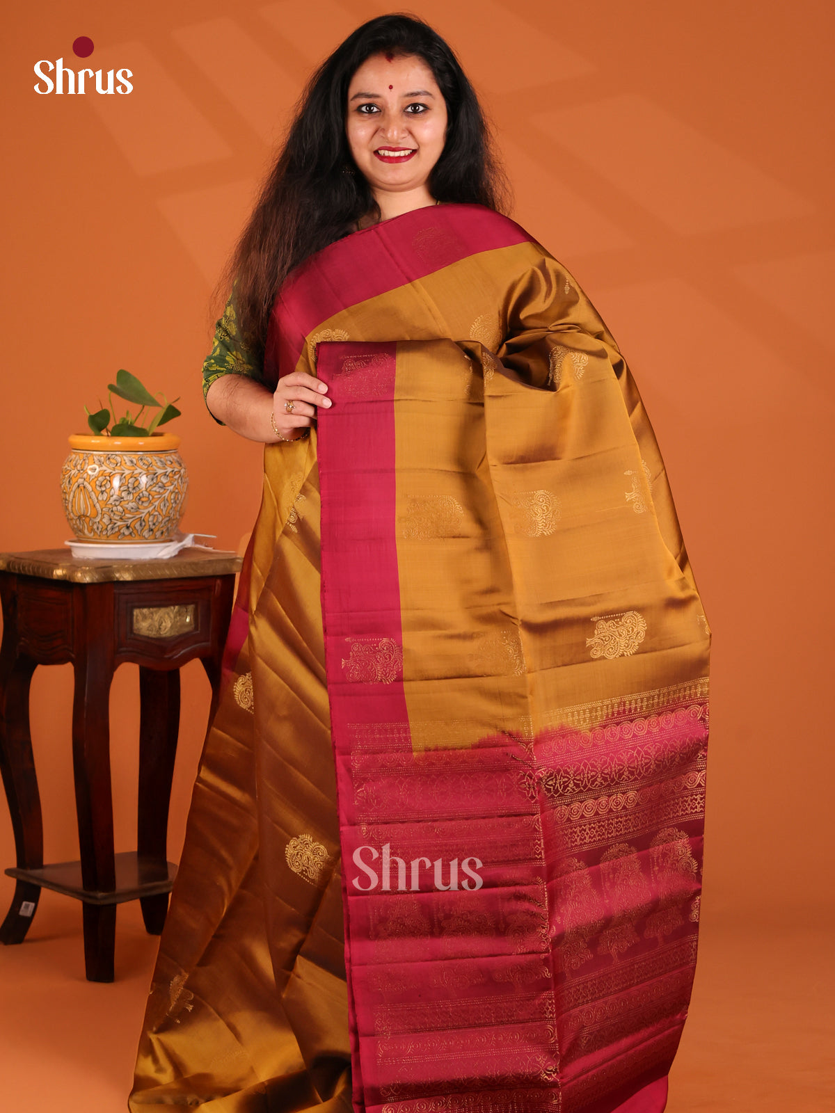 Luminous Mustard Softsilk-halfpure Saree with gold zari motifs , brocade pallu - Shop on Shrus.com