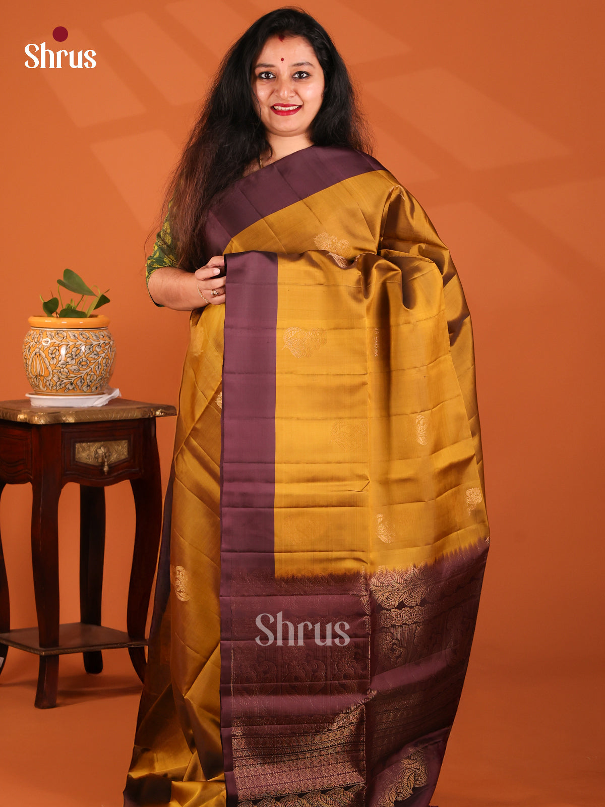 Bright Mustard Softsilk-halfpure Saree with zari woven buttas , brown brocade pallu - Shop on Shrus.com