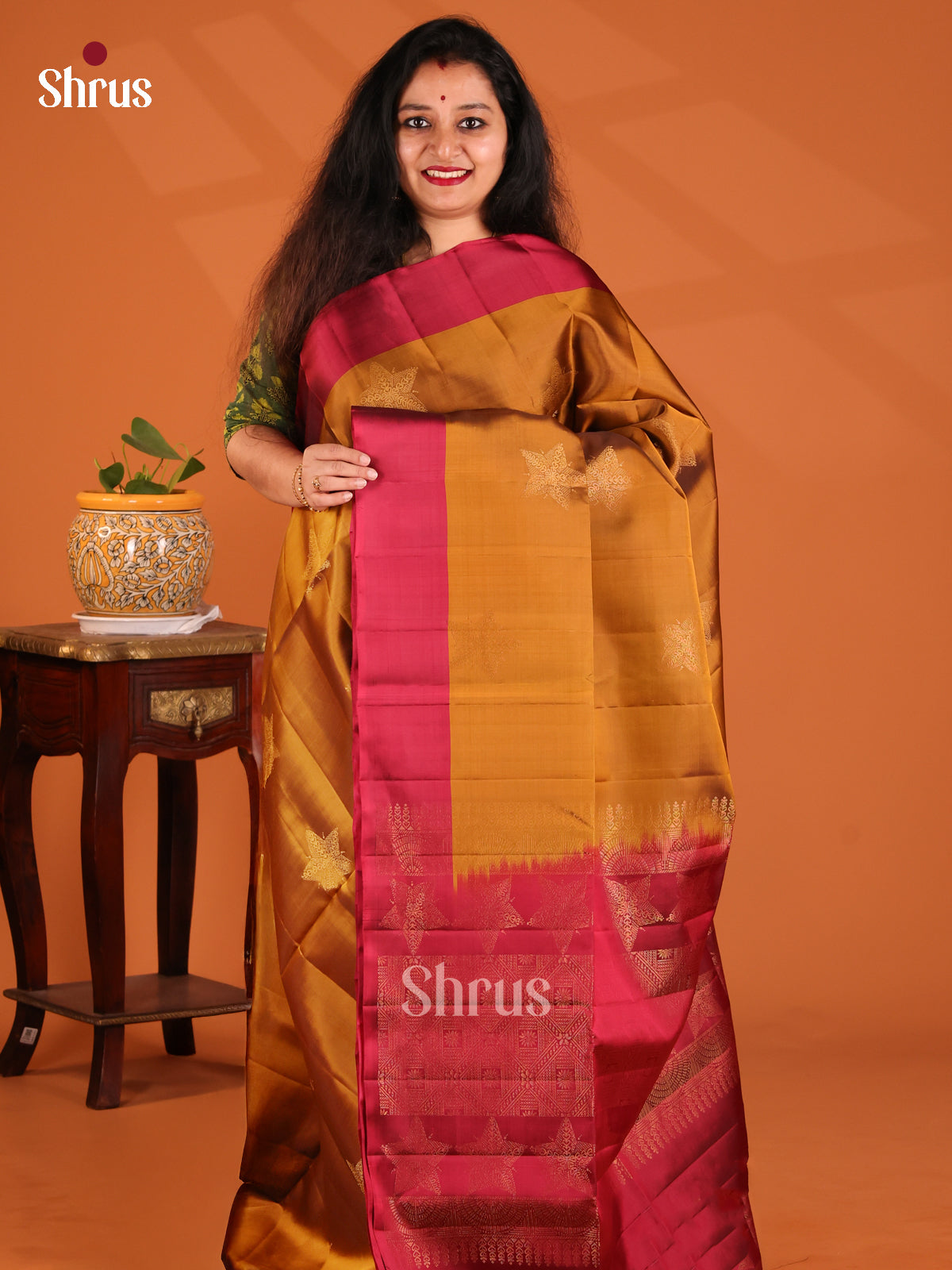 Glorious Mustard Softsilk-halfpure Saree with zari woven motifs, maroon border - Shop on Shrus.com