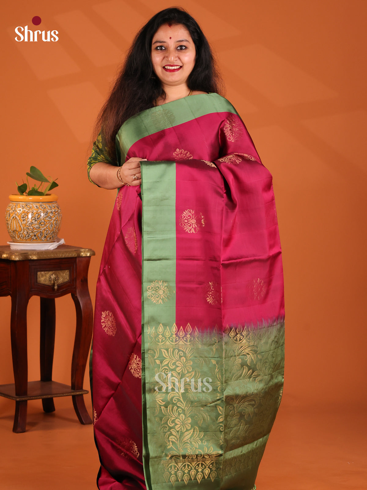 Beautiful Maroon Softsilk-halfpure Saree with gold zari motifs & Floral brocade pallu - Shop on Shrus.com