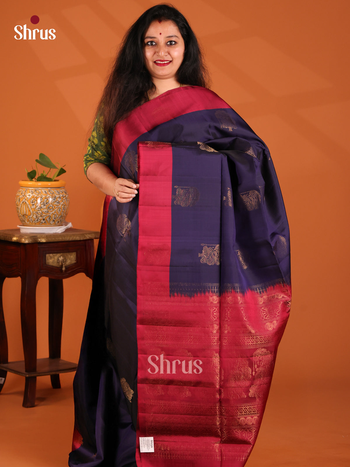 Vibrant Blue Softsilk-halfpure Saree with golden zari buttas , maroon floral brocade pallu - Shop on Shrus.com