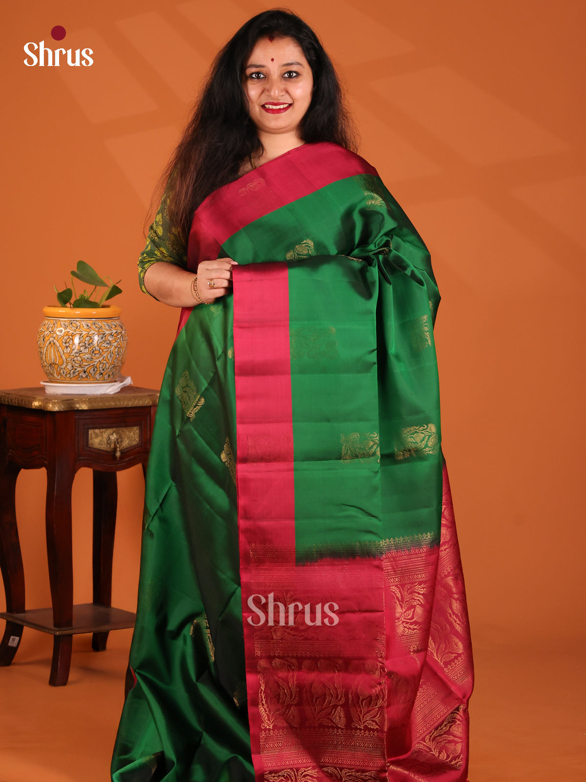 Serene Green Softsilk-halfpure Saree with golden floral motifs , brocade pallu - Shop on Shrus.com