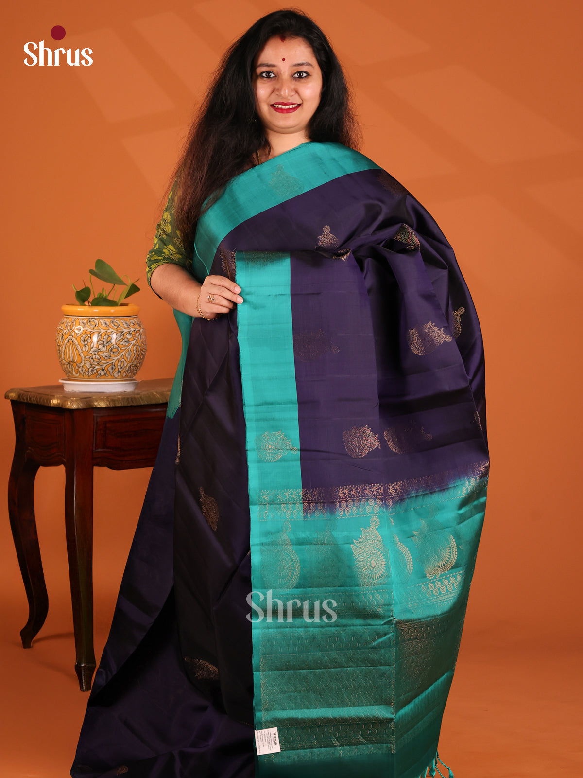 Vibrant Blue Softsilk-halfpure Saree with gold zri floral motifs , plain border - Shop on Shrus.com