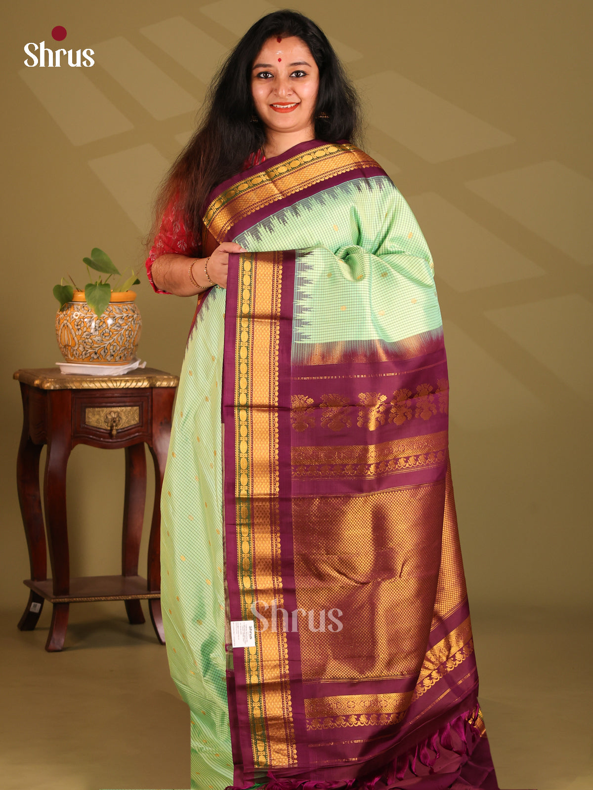Graceful Pista Green Gadwal silk Saree with checks, zari buttas & Brocade pallu
