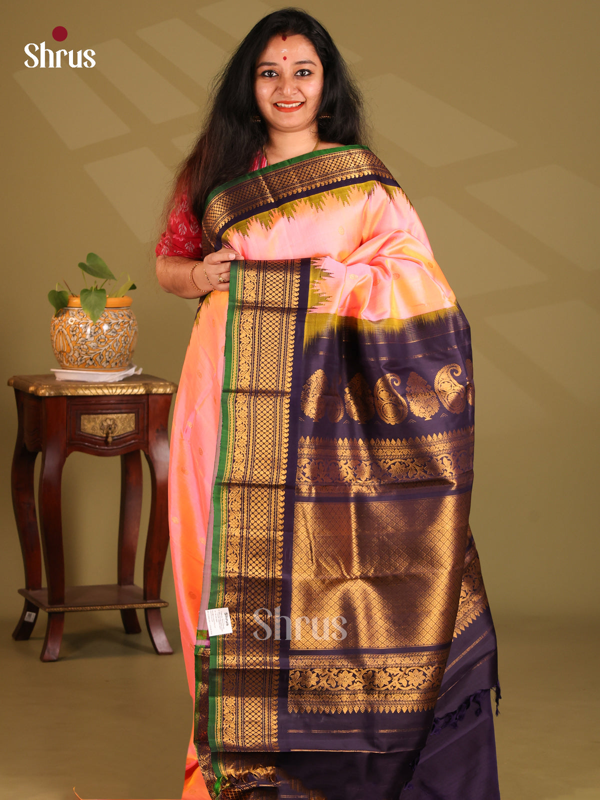 Stunning Pink Gadwal silk Saree gleams with gold zari buttas ,blue brocade pallu - Shop on Shrus.com