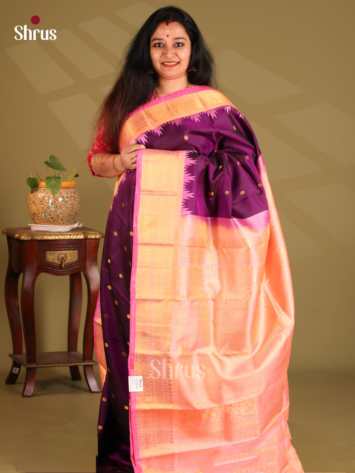 Gorgeous Violet Gadwal silk Saree with gold zari buttas, floral vines & contrast border