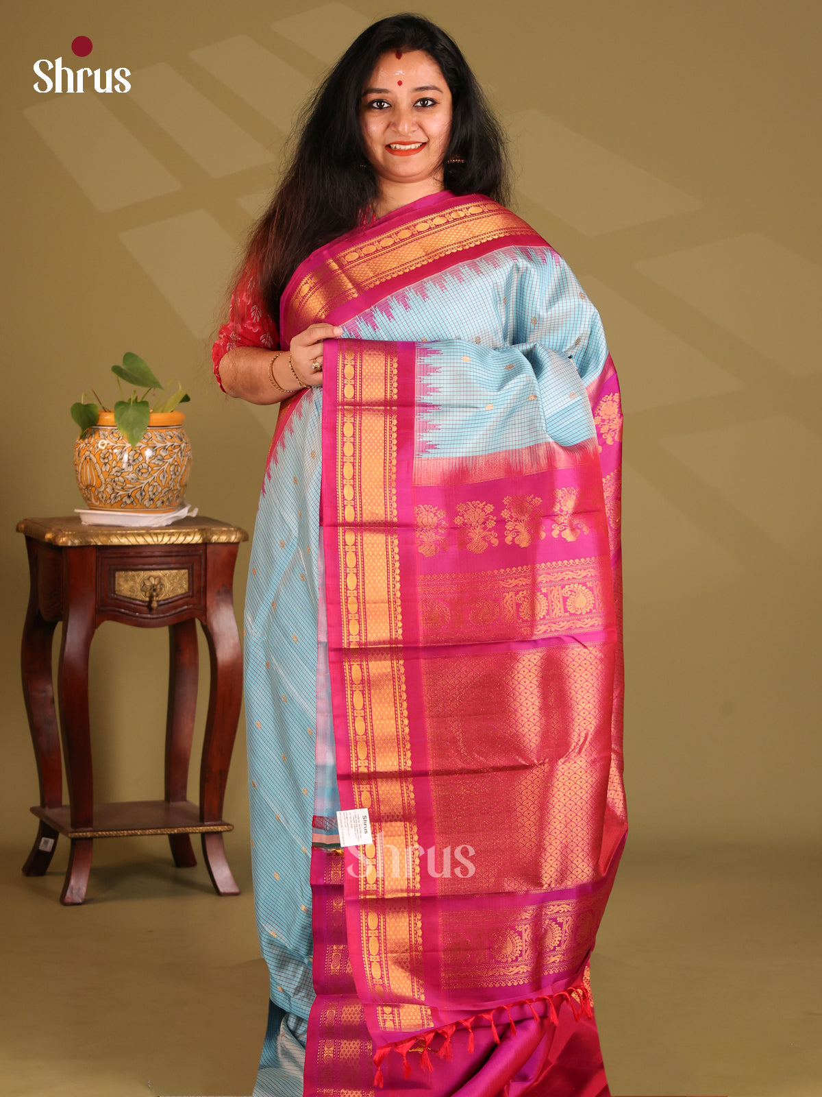 Majestic Blue Gadwal silk Saree with checks pattern, zari buttas & contrast border
