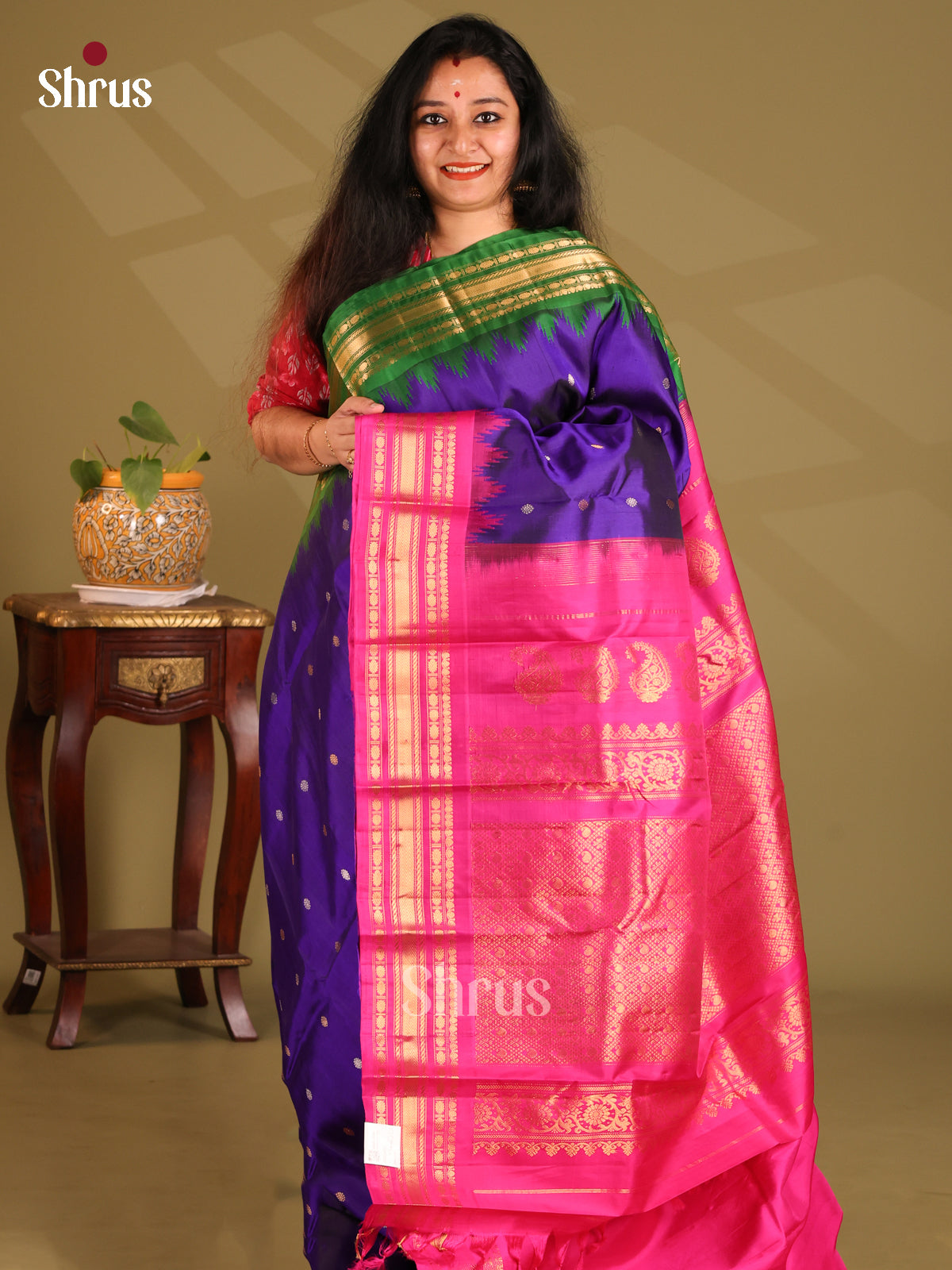 Regal Violet Gadwal silk Saree gleams with zari buttas , ganga jamuna border - Shop on Shrus.com