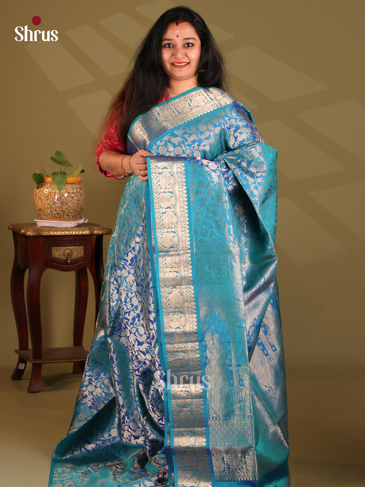 Celestial Blue Soft Silk Saree with zari woven vanashrigaram floral brocade - Shop on Shrus.com