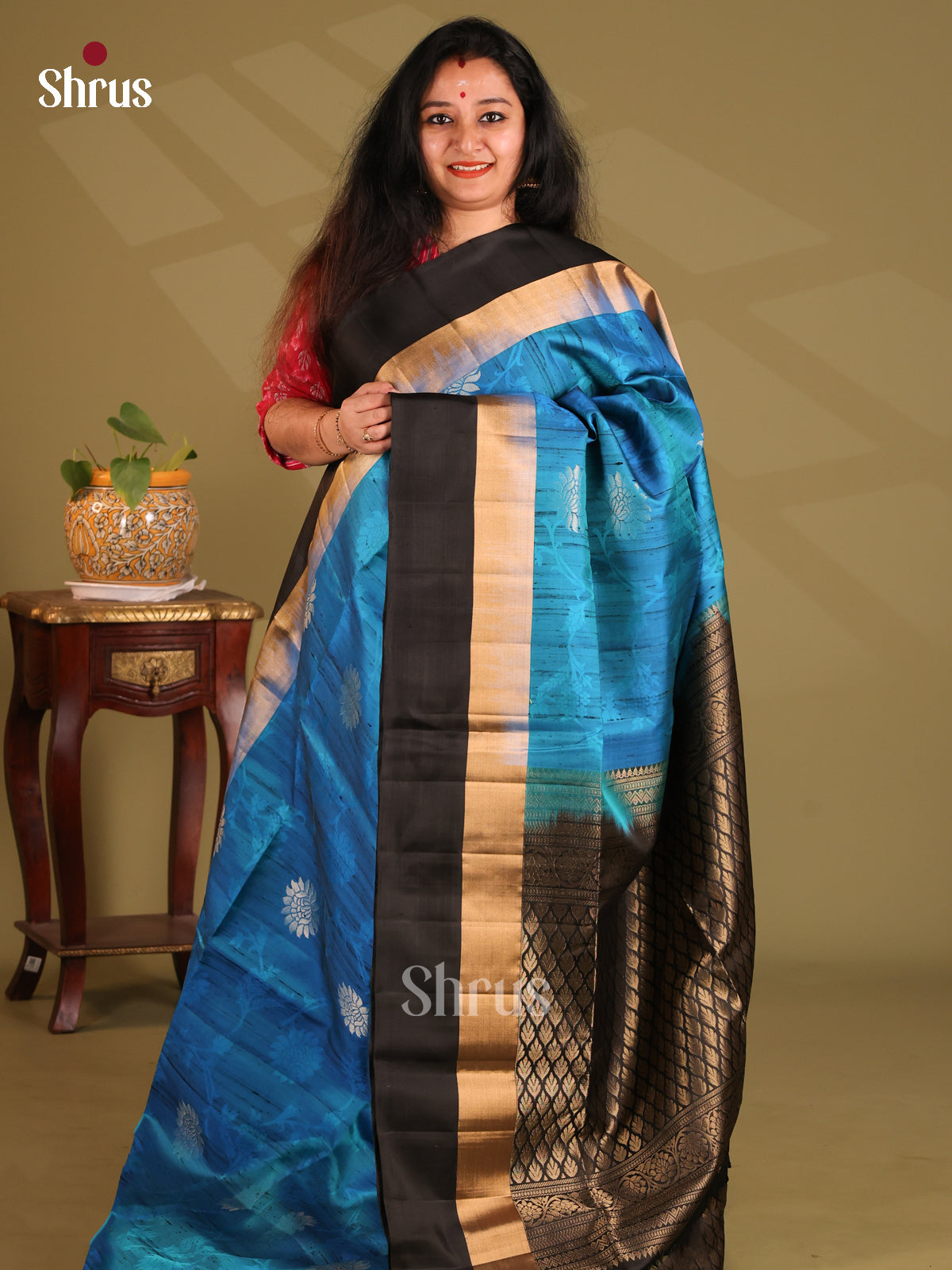Vibrant Blue Soft Silk Saree with zari floral motifs, Black brocade pallu-1