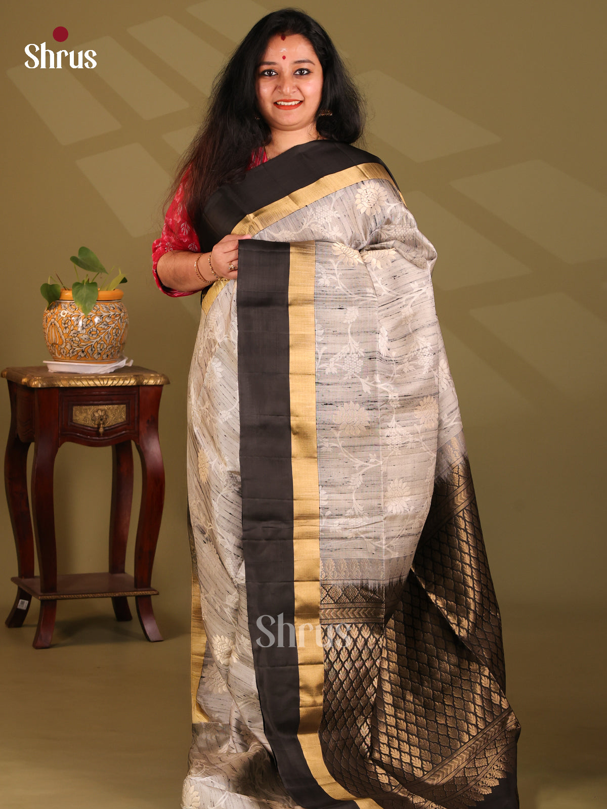 Gorgeous Grey Soft Silk Saree with zari floral motifs, Black brocade pallu - Shop on Shrus.com