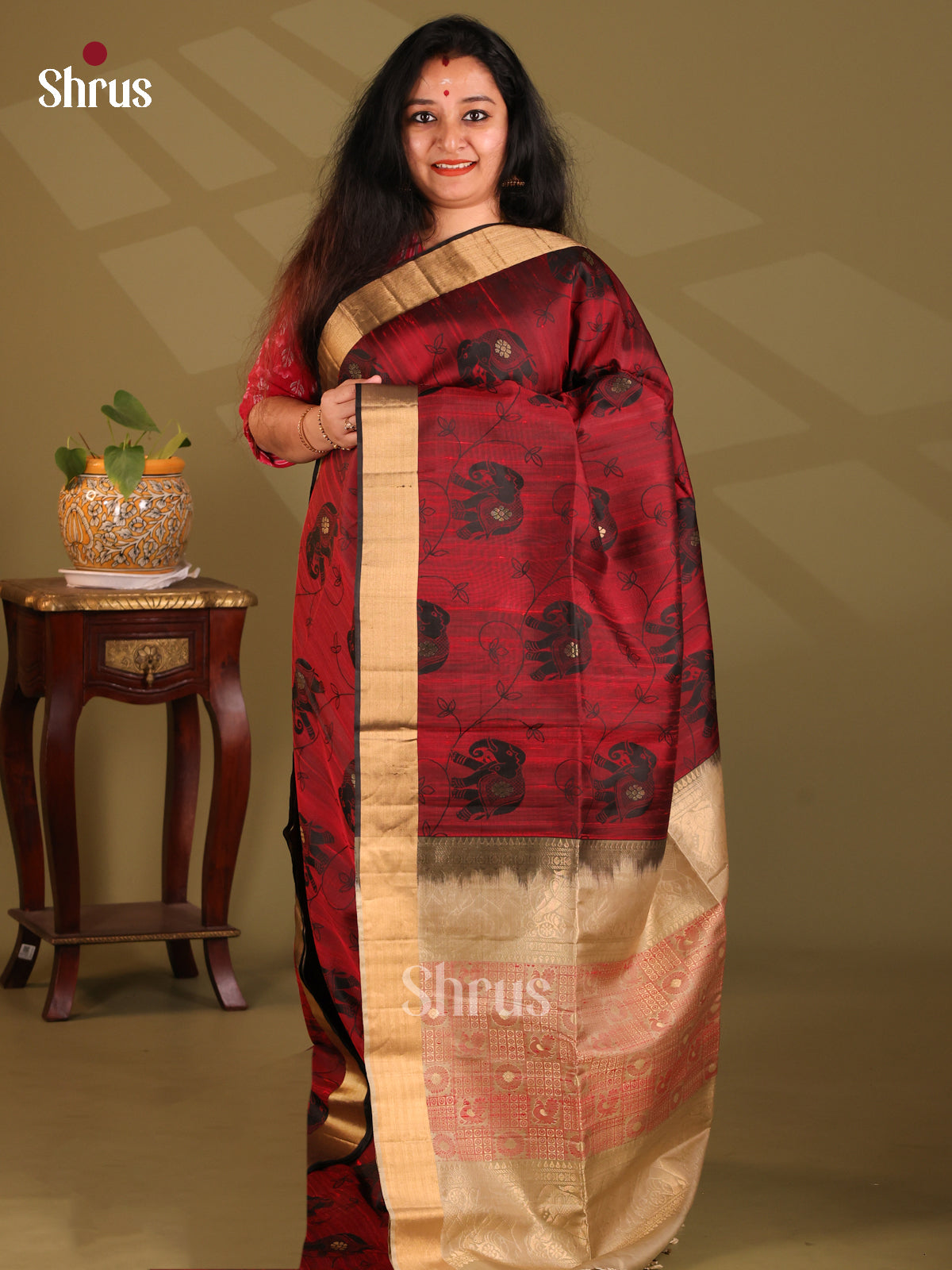Classic Maroon Soft Silk Saree with zari buttas , elephant motifs, Grey brocade pallu - Shop on Shrus.com