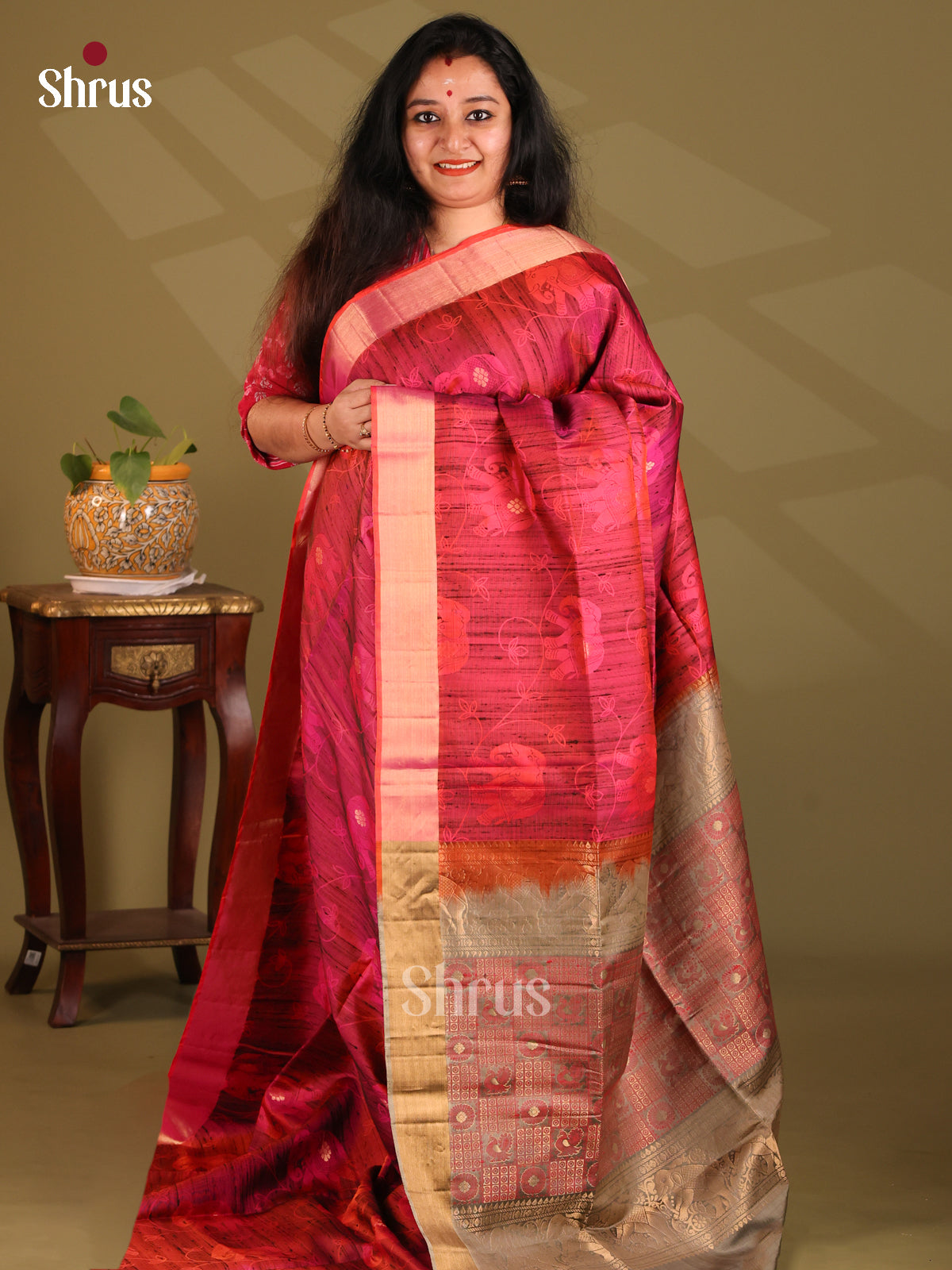 Unique Red Soft Silk Saree with zari buttas , elephant motifs , Grey brocade pallu-1