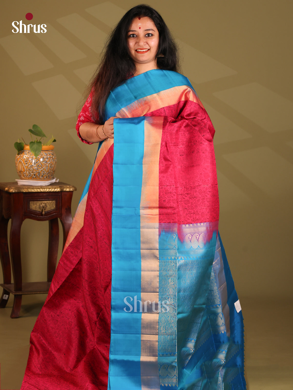 Stunning Red Soft Silk Saree with woven floral nestling , blue brocade pallu-1