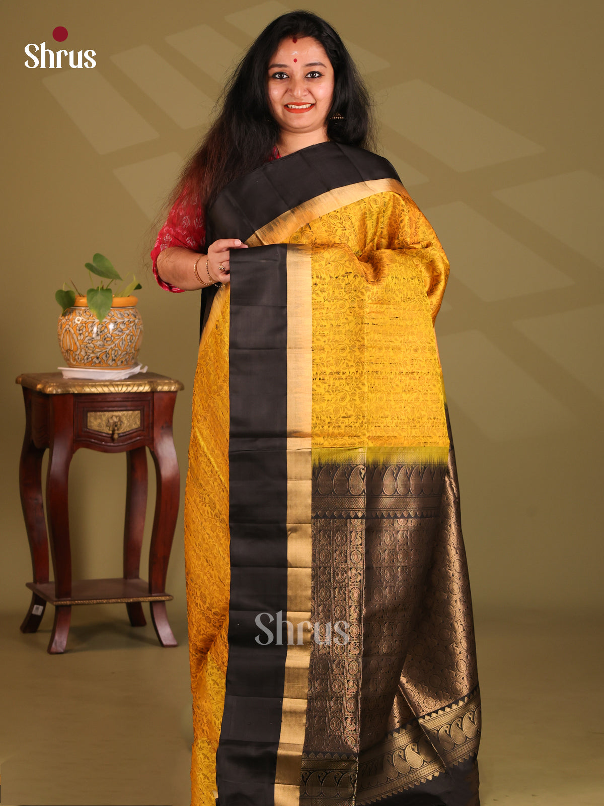 Luminous Mustard Soft Silk Saree with floral woven pattern , contrast Black zari brocade - Shop on Shrus.com