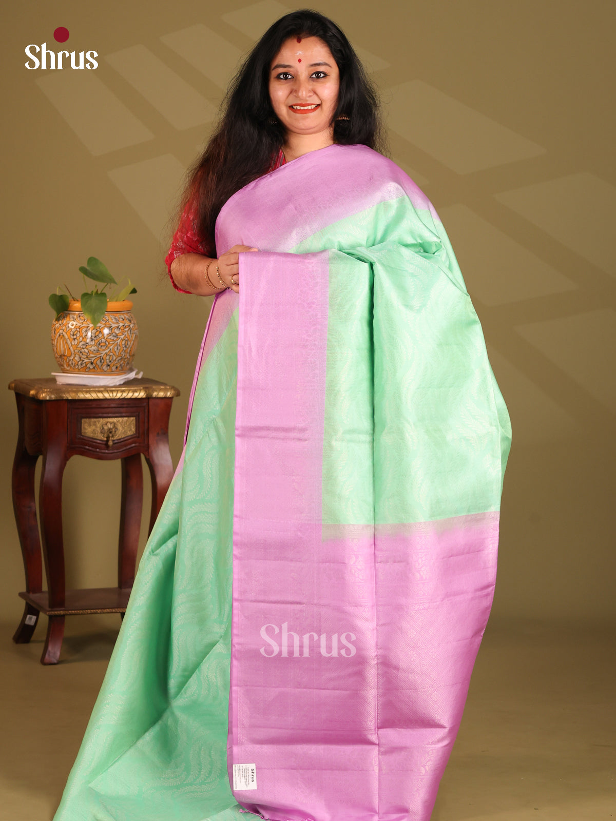 Stunning Pista Green Soft Silk with zari floral vines brocade , purple zari brocade pallu-1