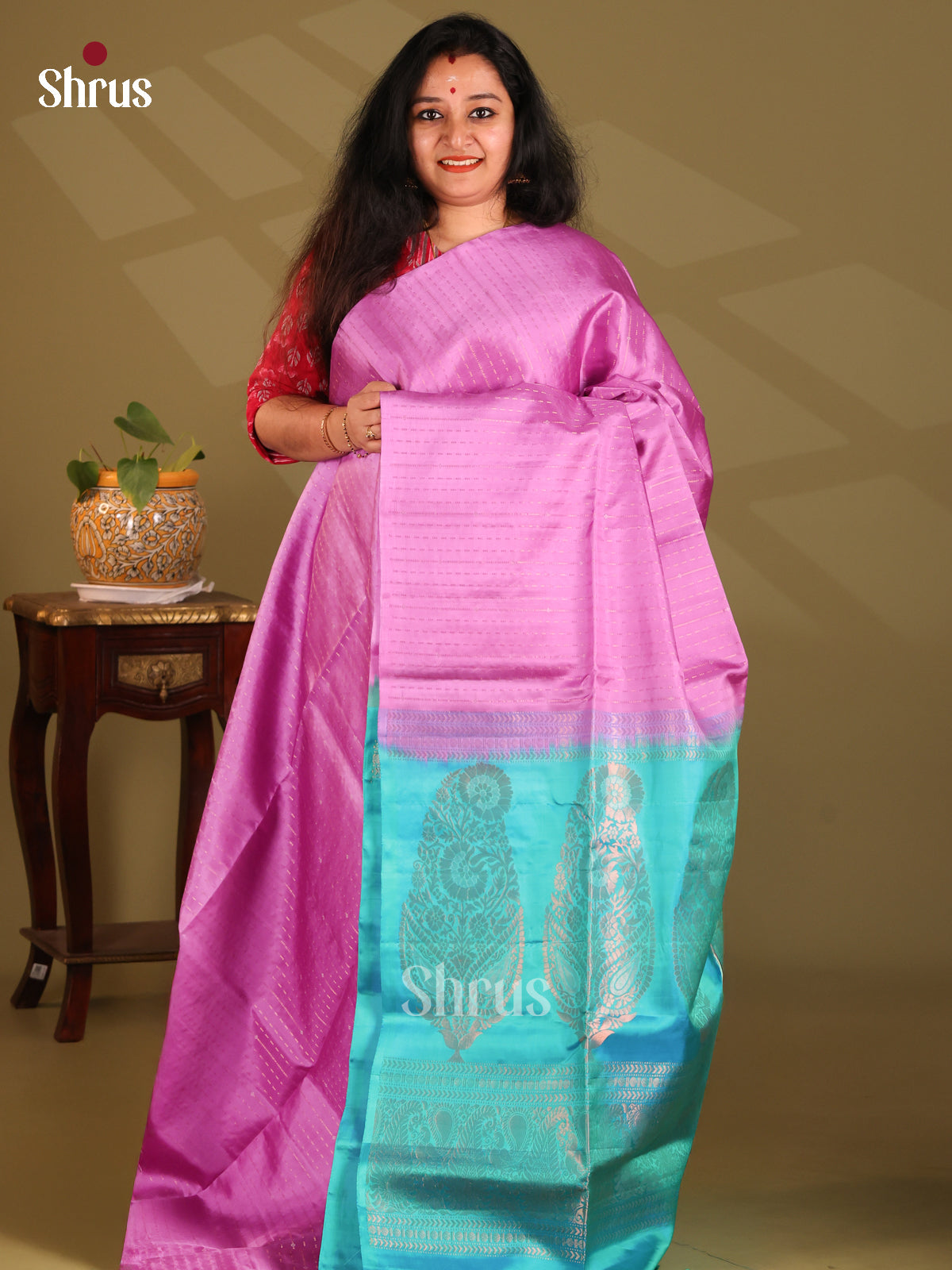 Stunning Pink Borderless Soft Silk Saree with zari stripes, buttas , blue brocade pallu - Shop on Shrus.com