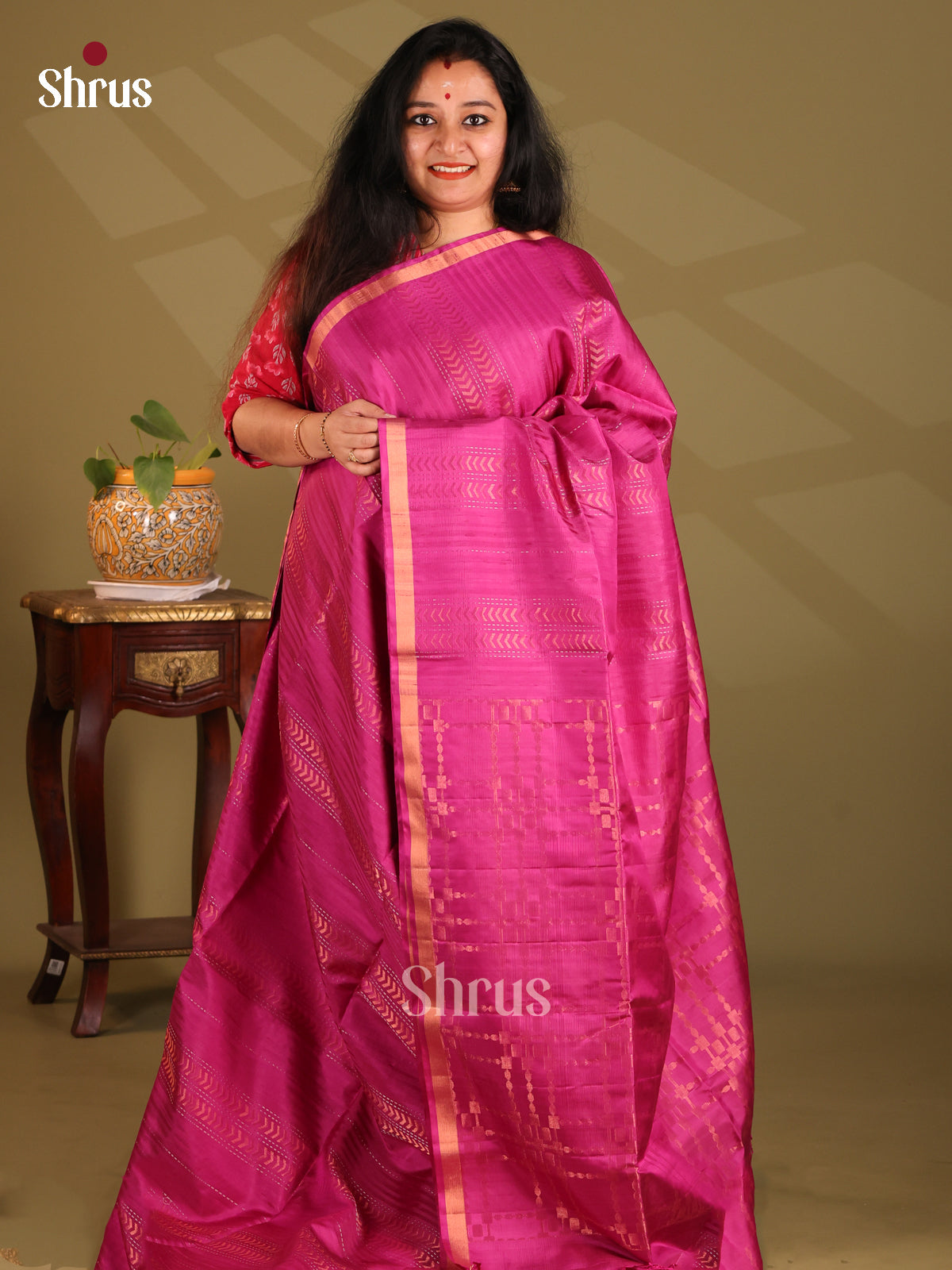 Deep Pink Monochrome Soft Silk Saree with zari stripes , self checkered pallu - Shop on Shrus.com