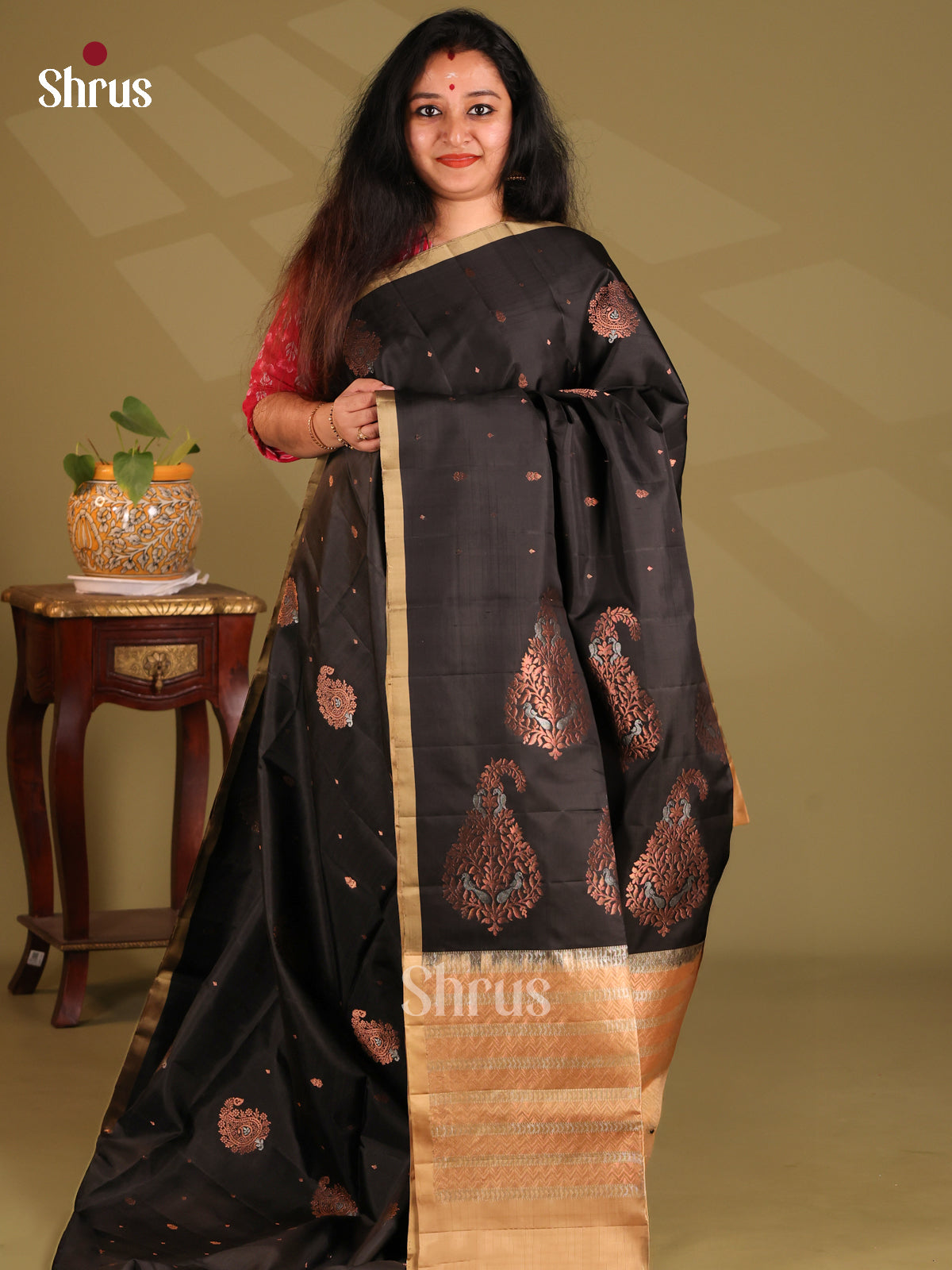 Stylish Black Soft Silk Saree with copper, silver zari pasileys motifs , brocade pallu-1
