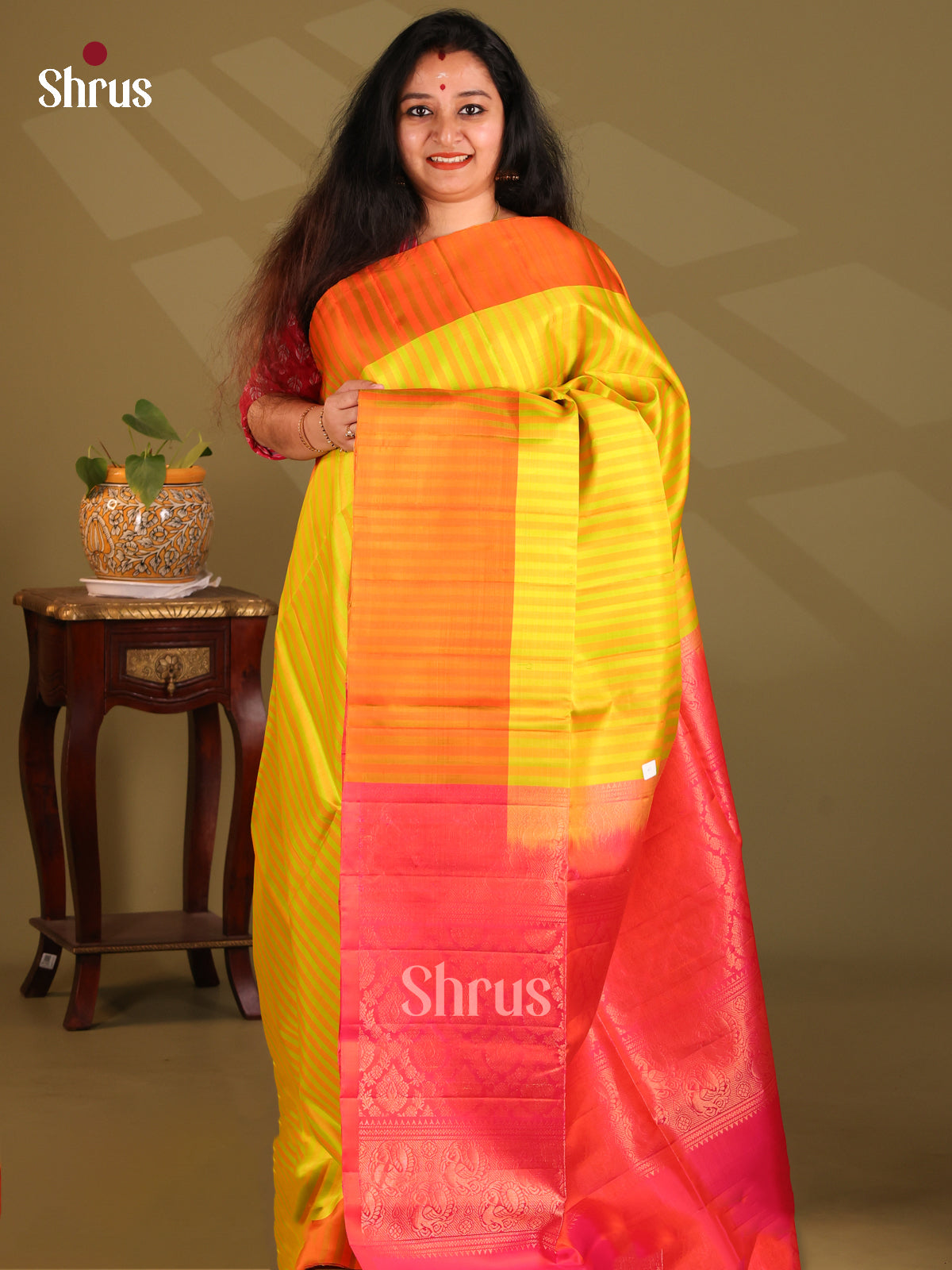 Glorious Yellow Soft Silk Saree with stripes pattern , Orangish Pink Zari brocade pallu - Shop on Shrus.com