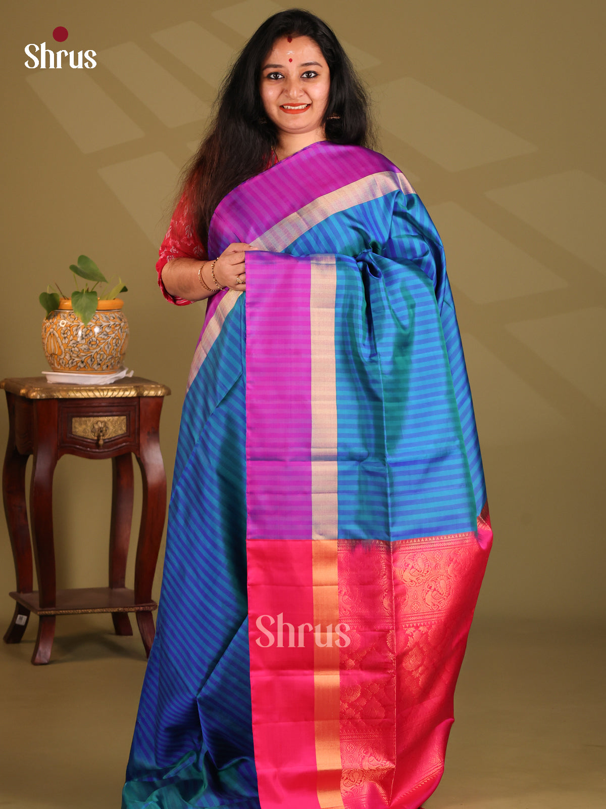 Beautiful Blue Soft Silk Saree with stripes pattern ,contrast pink zari brocade pallu - Shop on Shrus.com