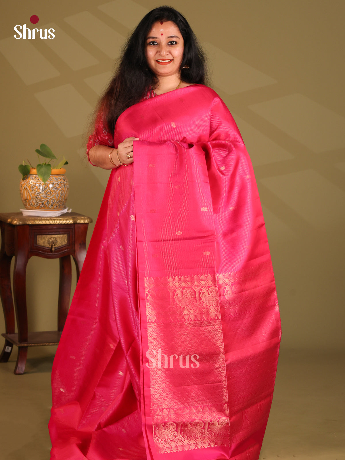 Charming Pink Soft Silk Saree dazzles with gold zari buttas , criss cross brocade pallu - Shop on Shrus.com