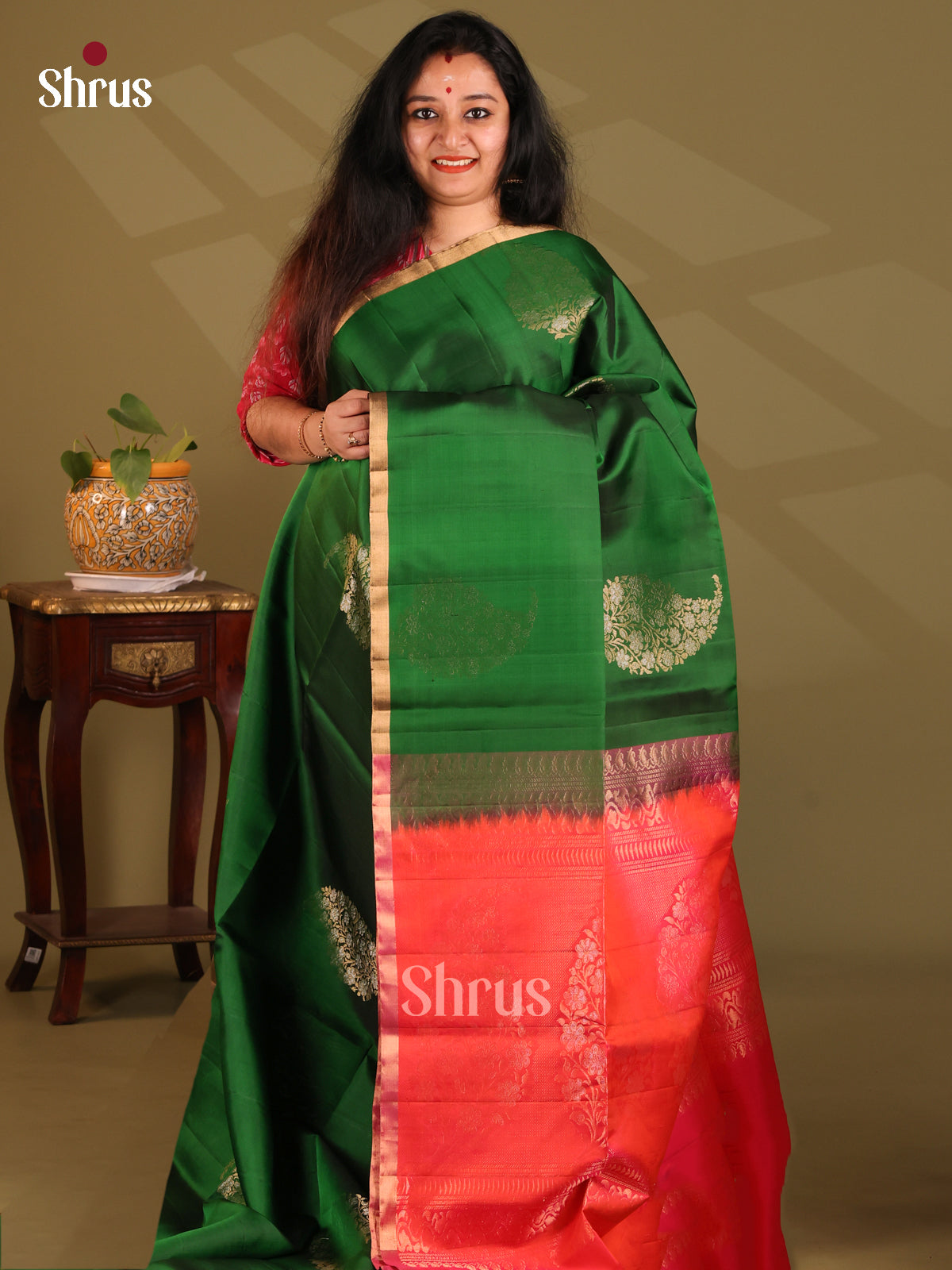 Serene Green Soft Silk Saree with gold, silver zari paisley motifs, contrast brocade pallu - Shop on Shrus.com