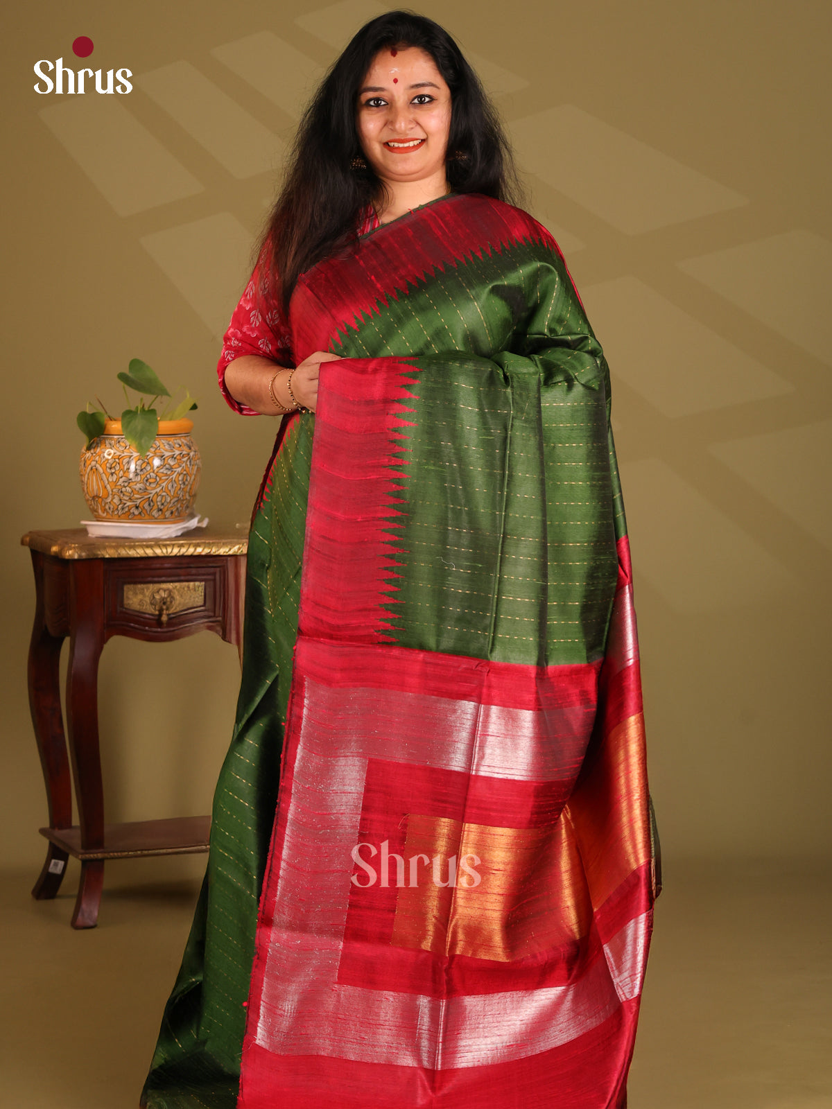 Serene Green Raw Silk Saree with Zari stripes , contrast Red zari woven pallu - Shop on Shrus.com