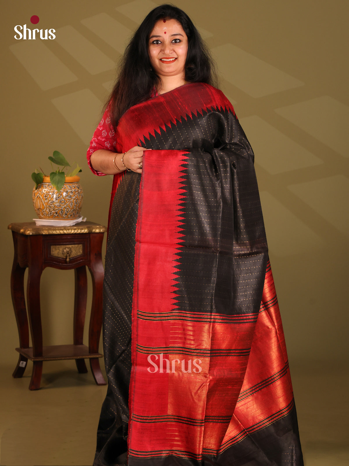 Ethereal Black Raw Silk Saree with zari stripes , contrast Red Temple border - Shop on Shrus.com