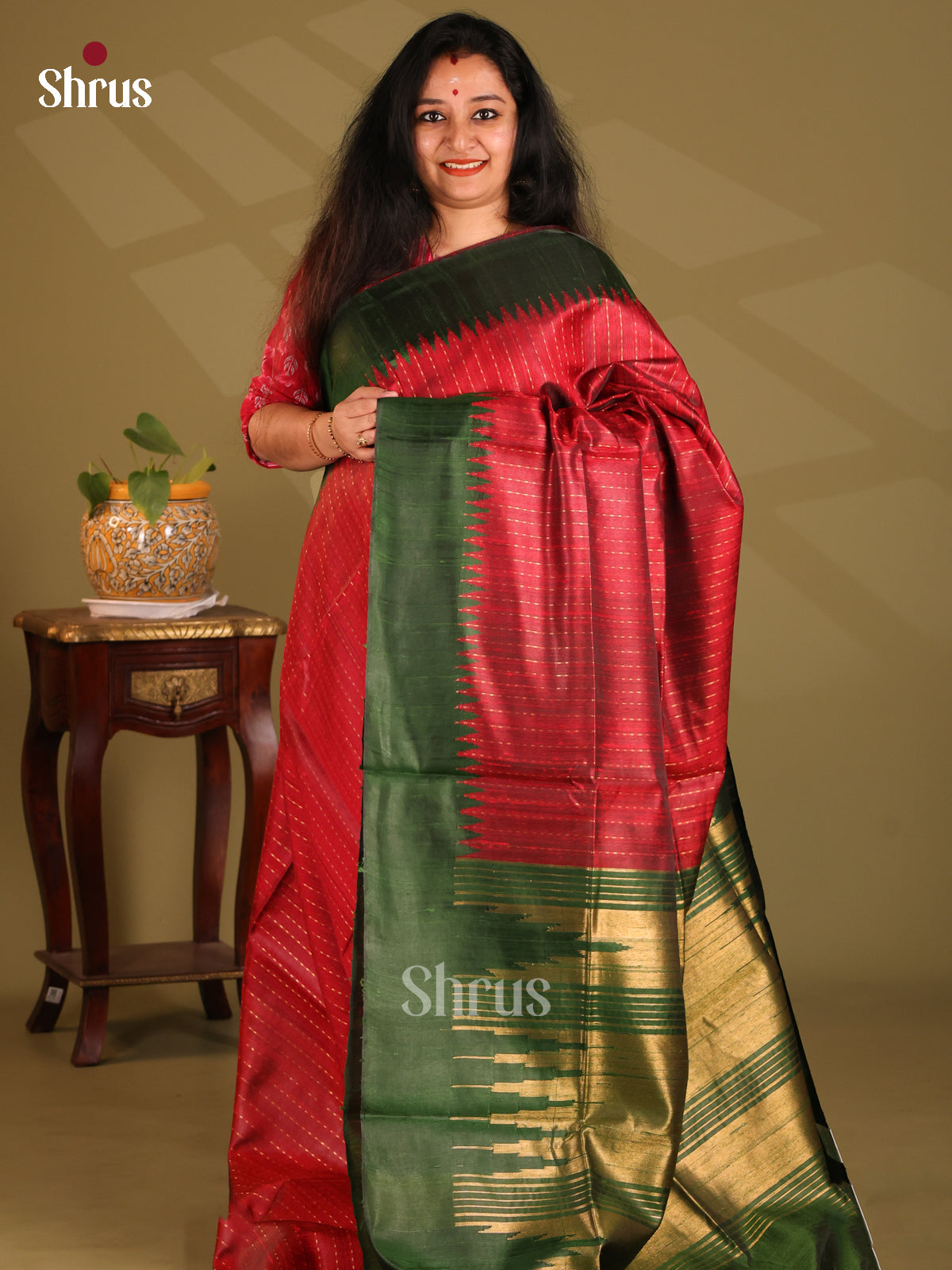Classy Maroon Raw Silk Saree with zari stripes , green temple border - Shop on Shrus.com