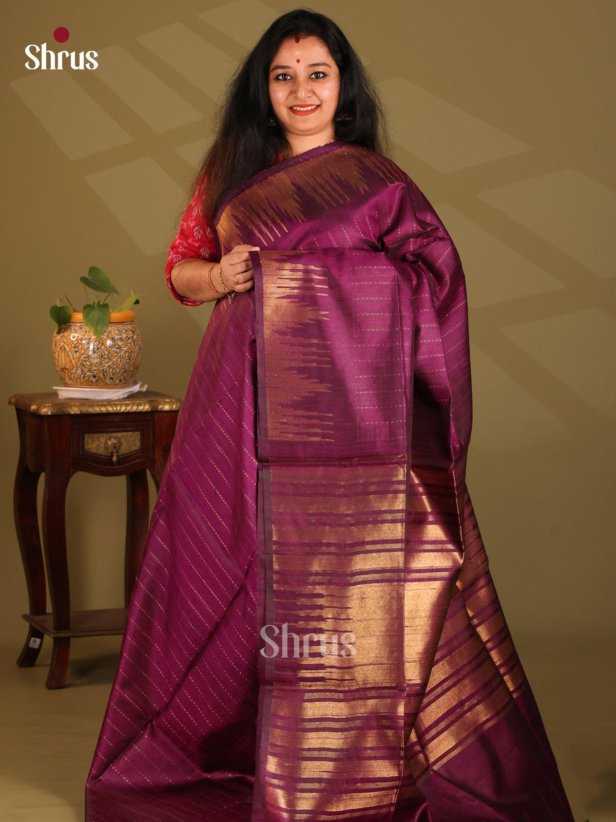 Lustrous Purple single tone Raw Silk Saree with zari stripes, self temple zari border - Shop on Shrus.com