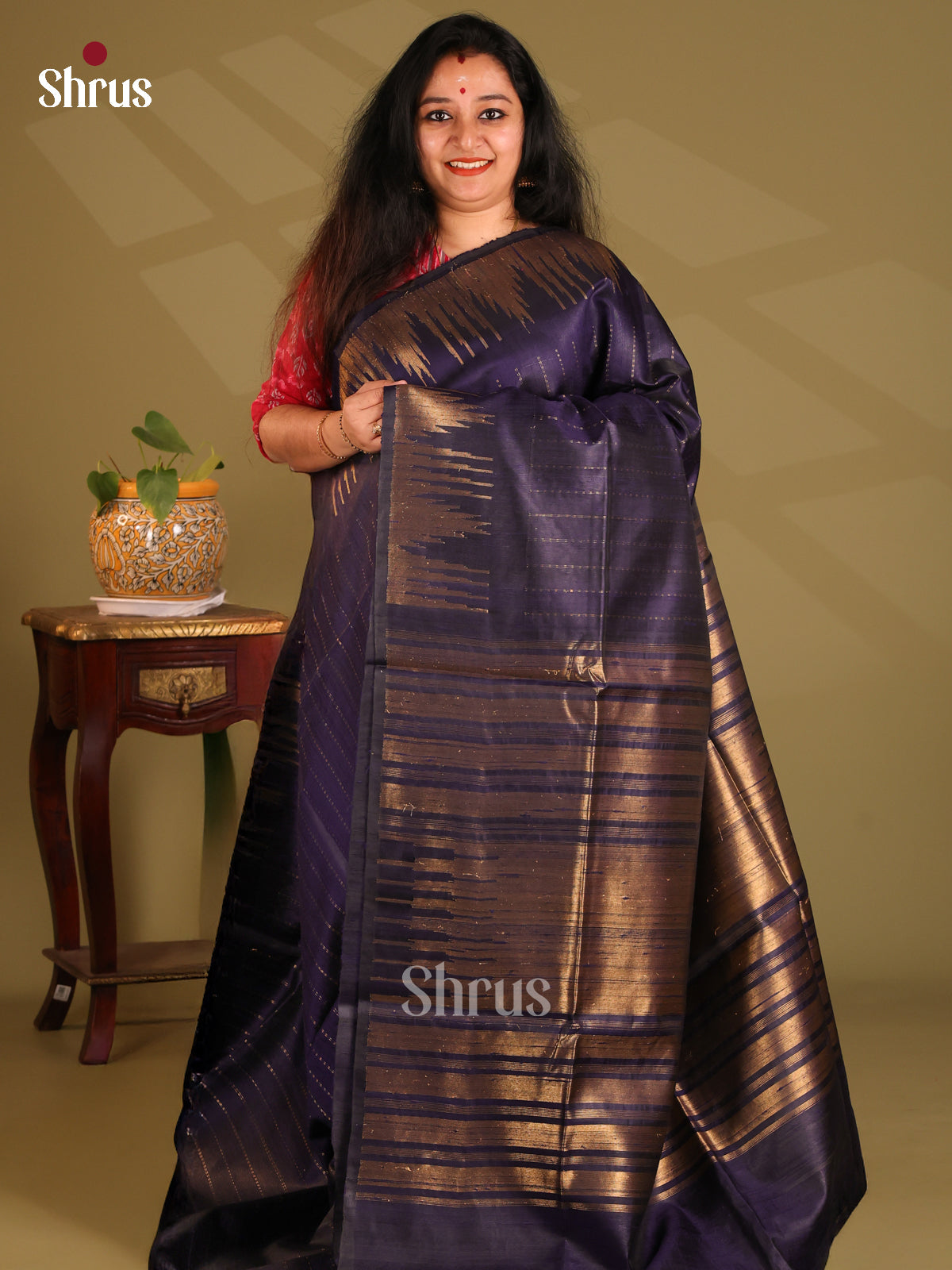 Celestial Blue Raw Silk Saree with gold zari stripes, self temple zari border - Shop on Shrus.com