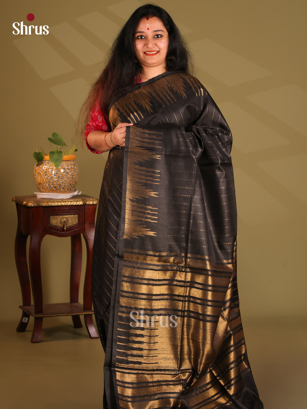 Exquisite Black Monochrome Raw Silk Saree with zari stripes, self temple zari border