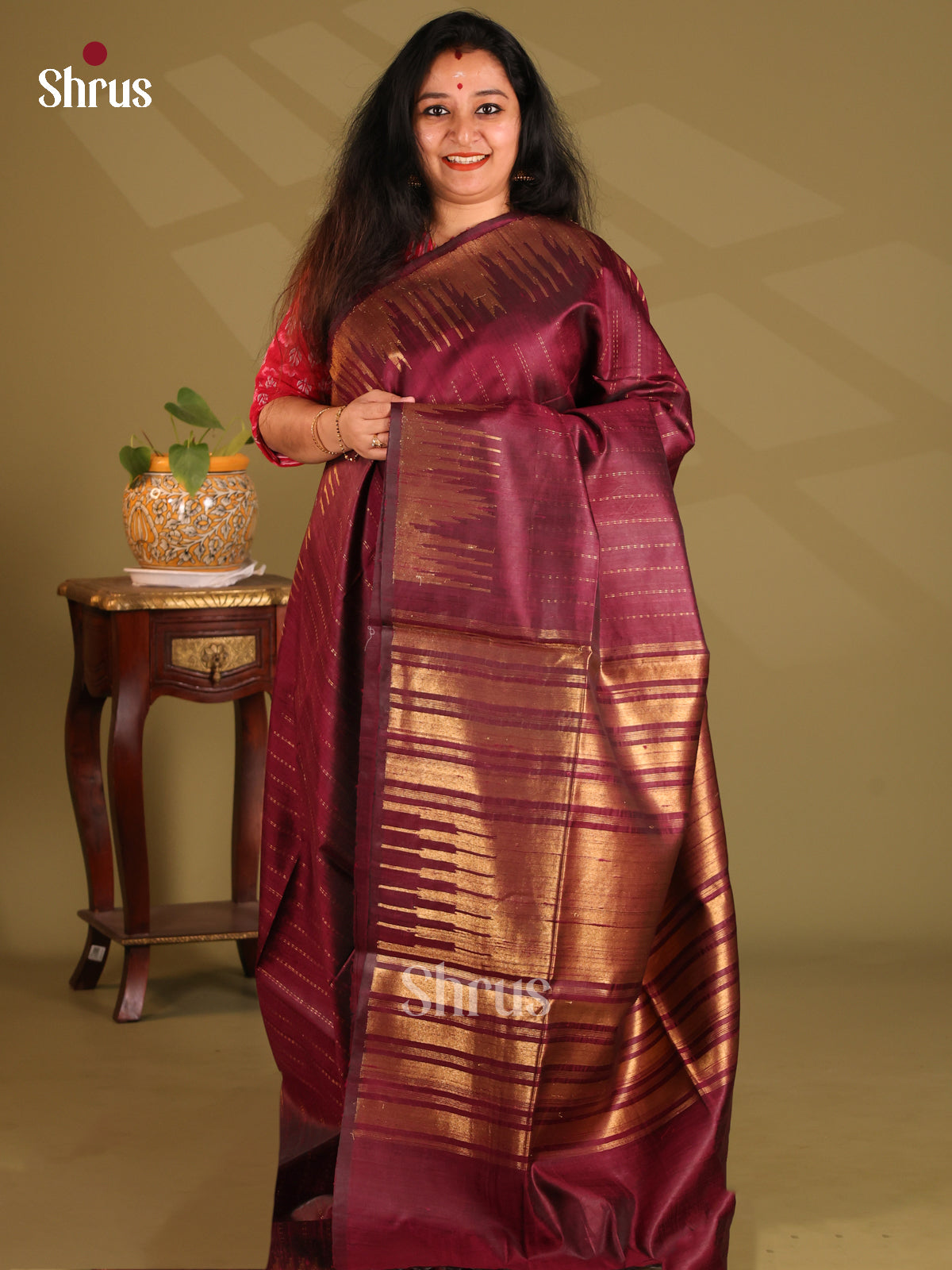 Pretty Arakku Maroon Raw Silk Saree gleams with zari stripes , self temple zari border - Shop on Shrus.com